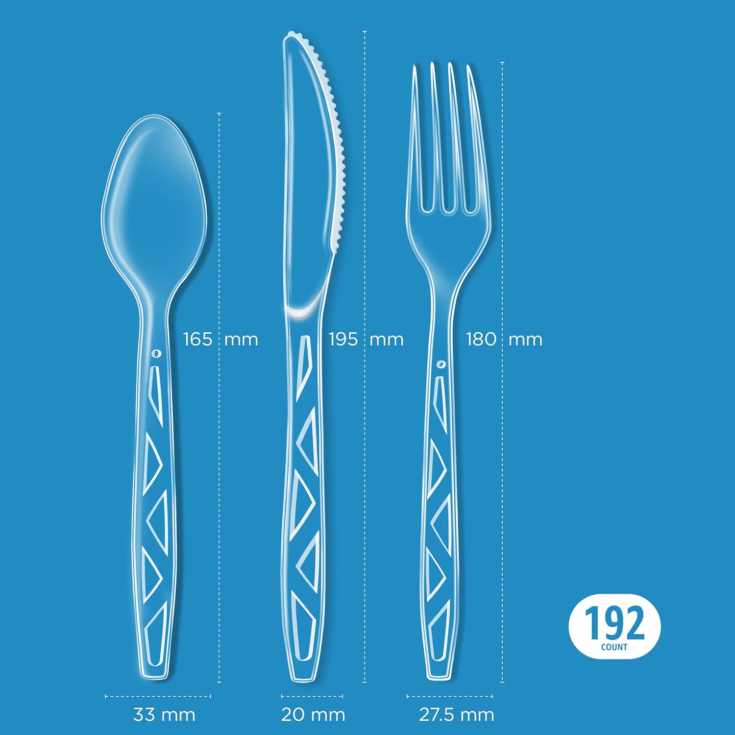 Amazon Basics Disposable Clear TLastic Cutlery Set, Premium Quality, Strong, 192 Count, Large Combo Pack Forks, Spoons and Knives