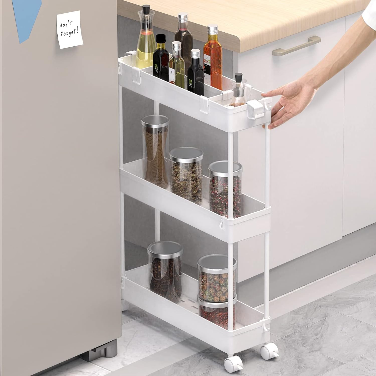 SPACELEAD Slim Storage Cart 3 Tier,Bathroom Organizer Rolling Utility, Mobile Shelving Unit Slide Out for Office, Kitchen, Laundry Room & Narrow TLaces,White