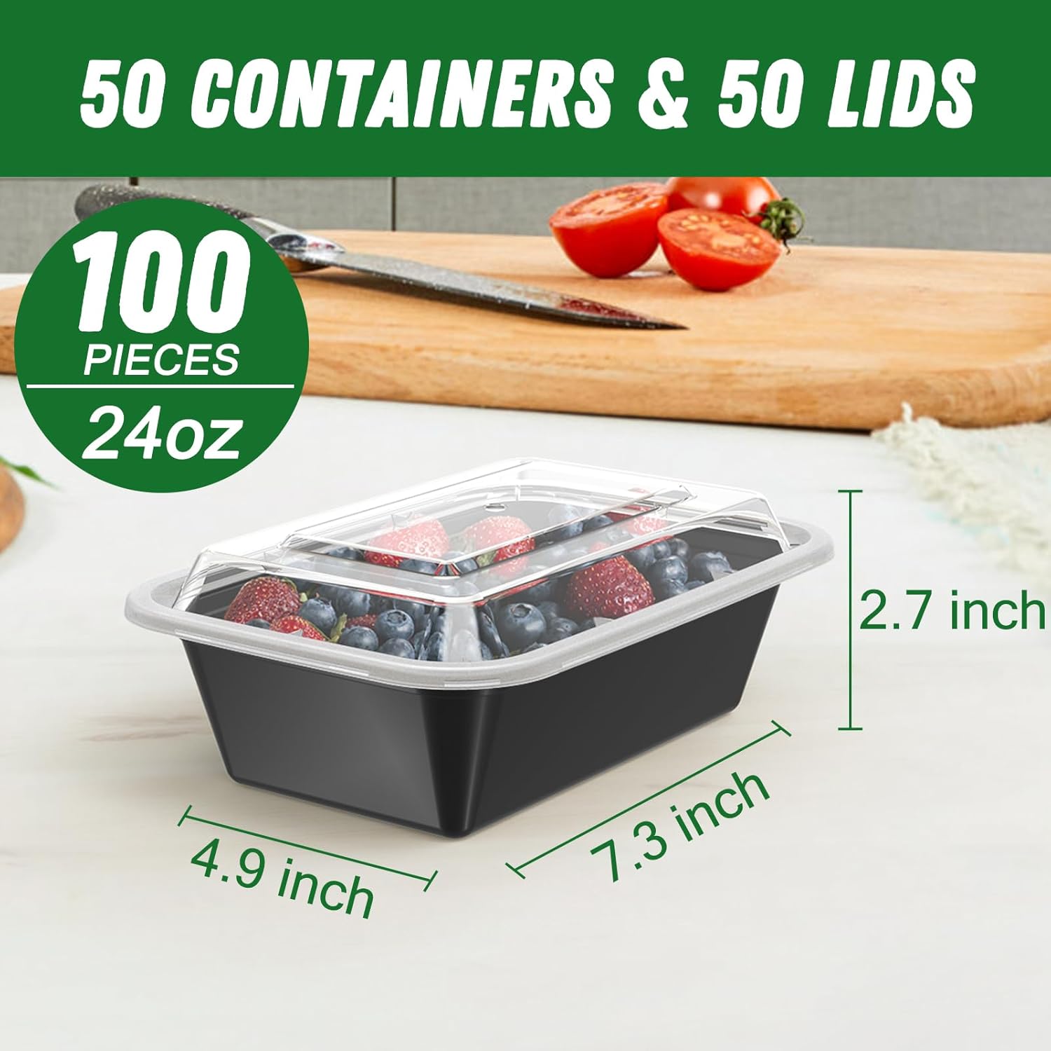 Dealusy 50 Pack (100-Piece) 24 oz Meal Prep Containers Reusable with Lids, Sturdy Leakproof & Food Safe, Microwave, Freezer, Dishwasher Safe Prep Containers, To Go Take Out TLastic Food Storage