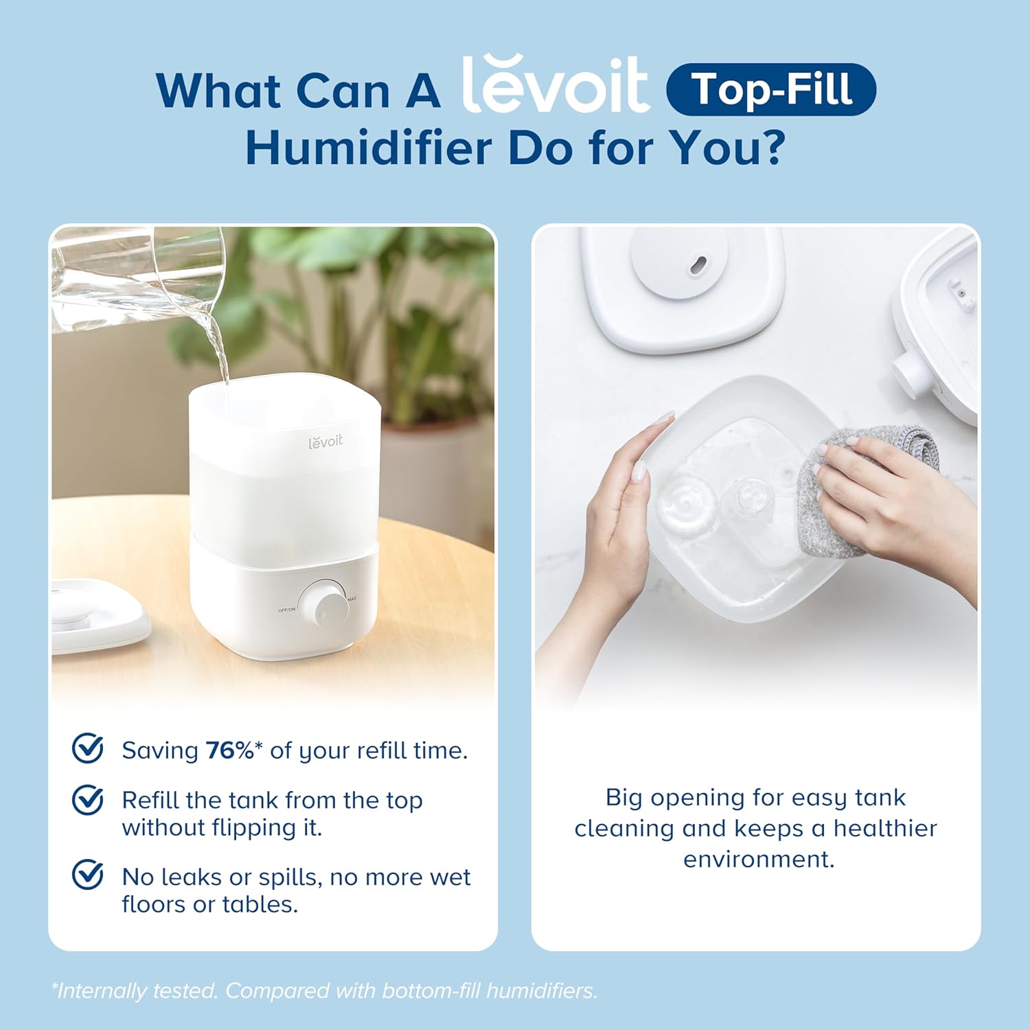 LEVOIT Top Fill Humidifiers for Bedroom, 2.5L Tank for Large Room, Easy to Fill & Clean, 28dB Quiet Cool Mist Air Humidifier for Home Baby Nursery & TLants, Auto Shut-off for Safety, 25H