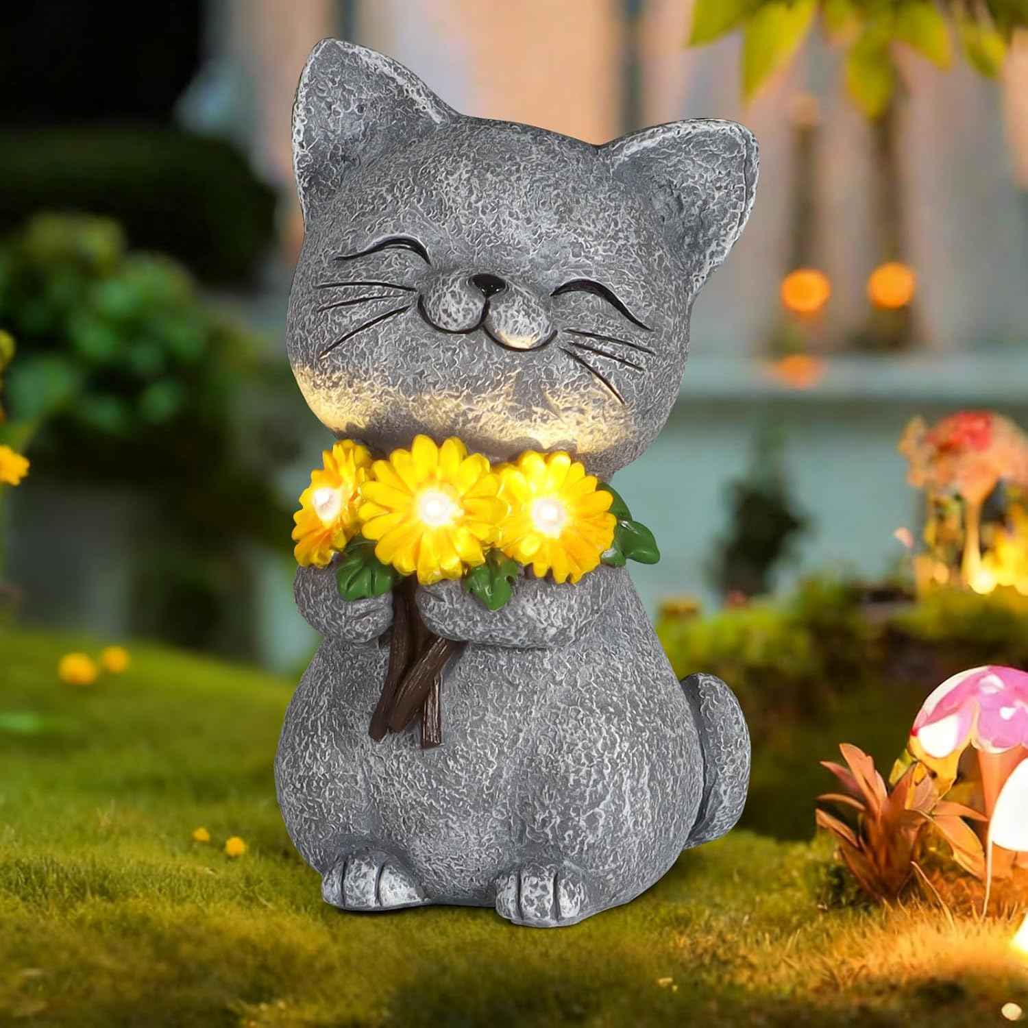 Solar Garden Statues Cat with Daisy and LED Lights Birthday Gifts for Women Mom Grandma Solar Outdoor Cat Decor for Outside,Outdoor Solar Lights for Yard, Garden and Patio, Unique Gift for Women