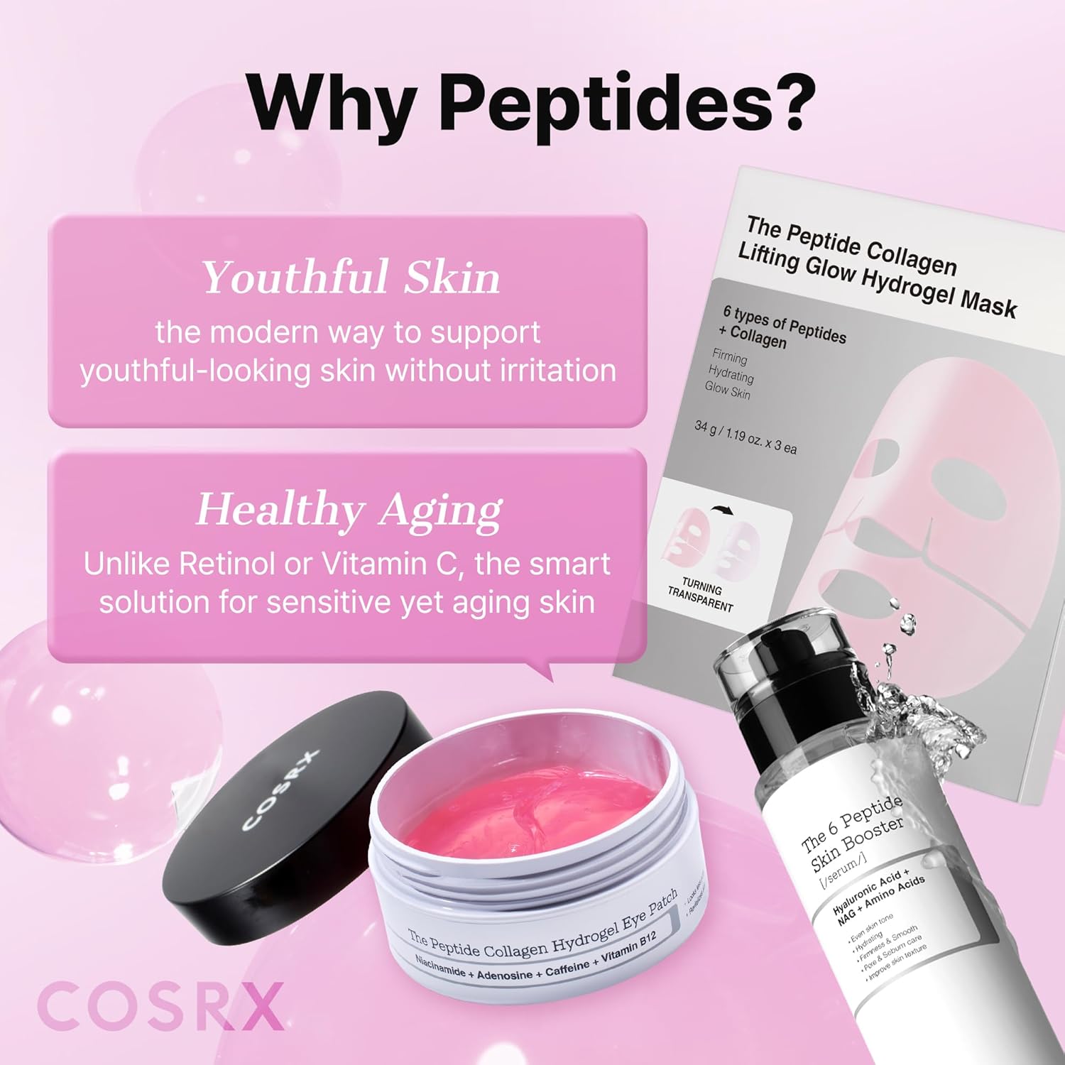COSRX Pink Peptides Collagen Hydrogel Eye Patch for Puffy Eyes, Dark Circles & Fine Lines, Cooling Under Eye Patches (60), Korean Skin Care