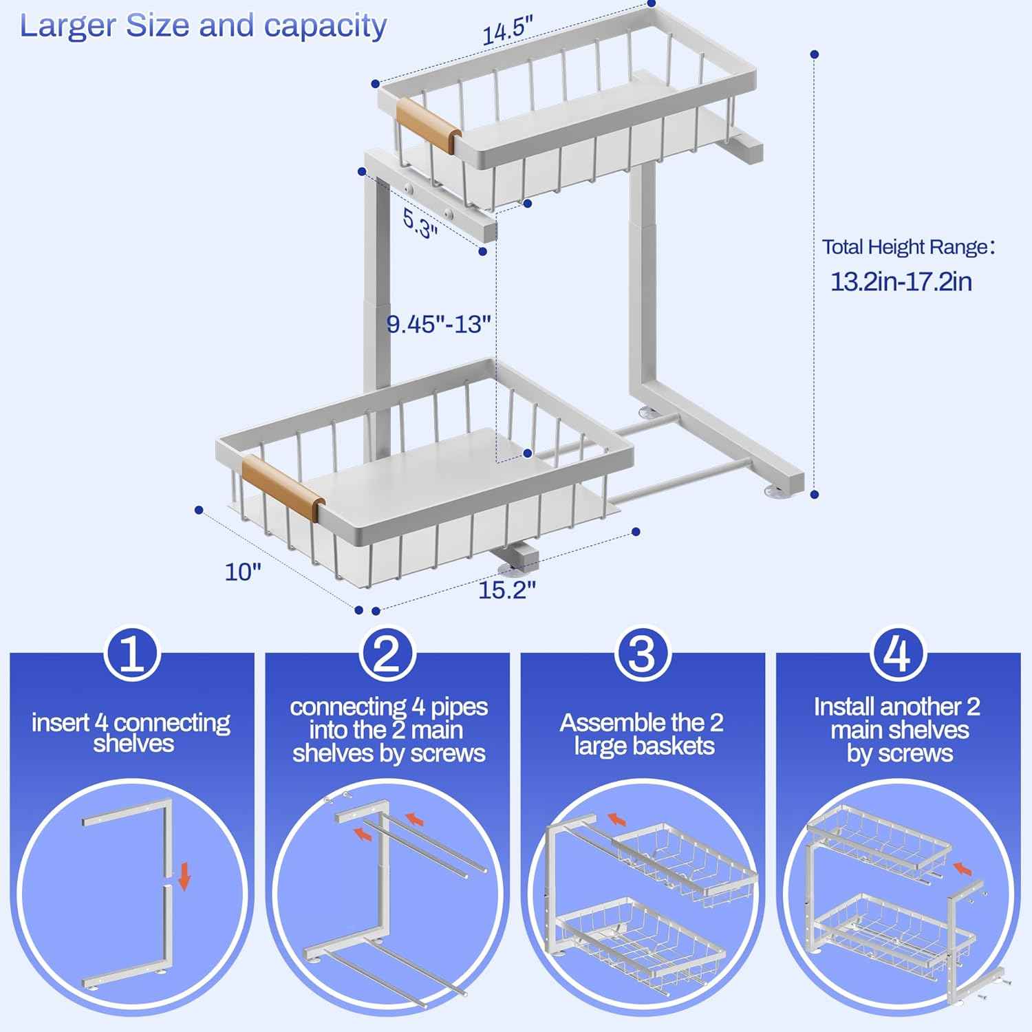 ADBIU Under Sink Organizer, 2 Pack 2 Tier Expandable Height (White, Large Size)