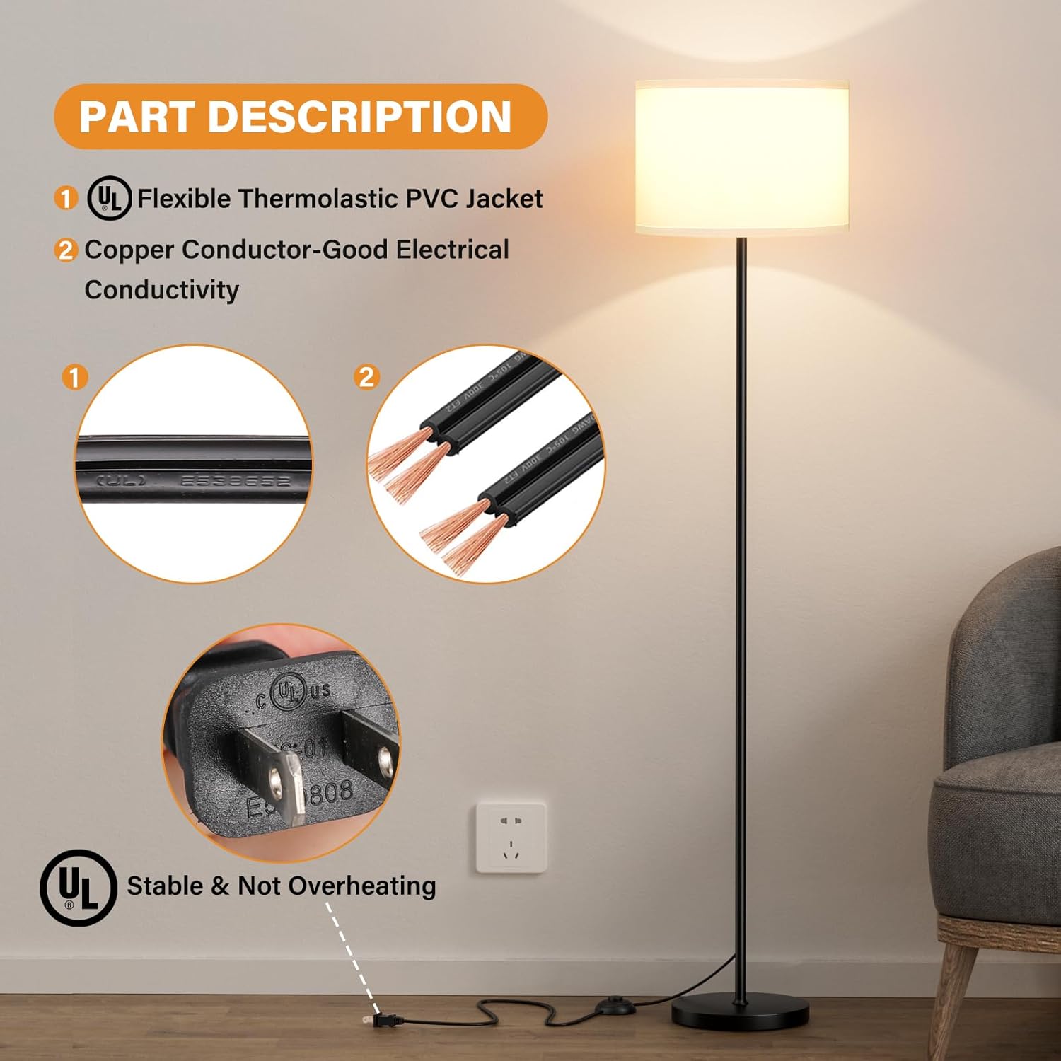 Modern Floor Lamp SimTLe Design with White Shade, Foot Pedal Switch, 60" Small Tall Lamps for Living Room Bedroom Office Dining Room Kitchen, Black Pole Lamp(Without Bulb)