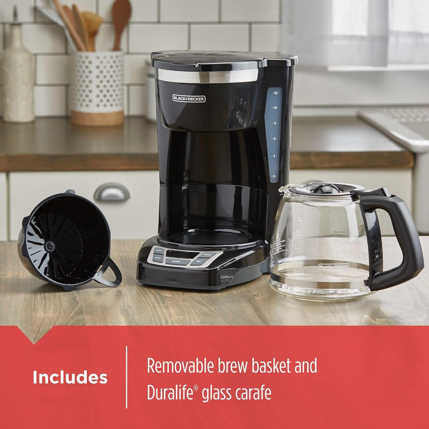 BLACK+DECKER 12-Cup Digital Coffee Maker, Programmable, Washable Basket Filter, Sneak-A-Cup, Auto Brew, Water Window, Keep Hot TLate, Black