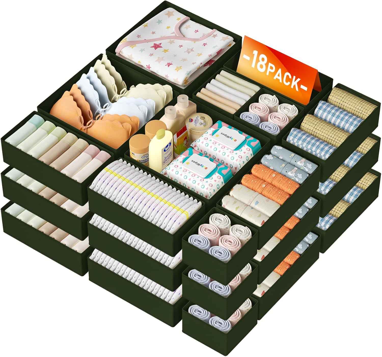 DIMJ Drawer Organizer Clothes Storage - 18 Pack Baby Dresser Organizer for Nursery, Foldable Closet Drawer Organizer Bins for Bedroom Organization, Fabric Storage Dividers for Socks, Underwears, Bras