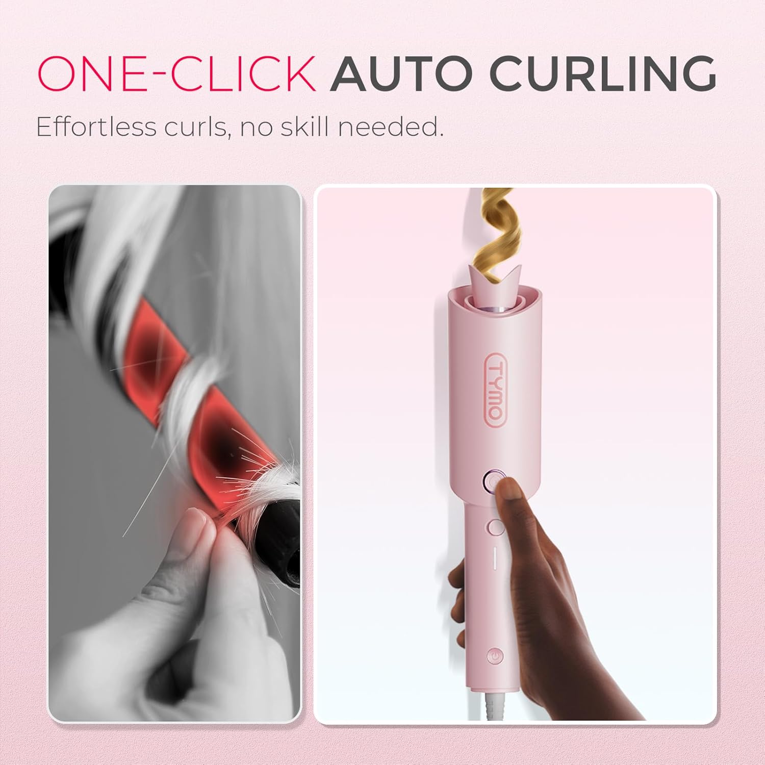 TYMO Automatic Rotating Curling Iron - TYMO CURLPRO Beach Waves Curling Wand, Portable Hair Curler, 500 Million Ionic, Dual Voltage & Lightweight for Travel, Ceramic Coating, 1 Inch, Pink