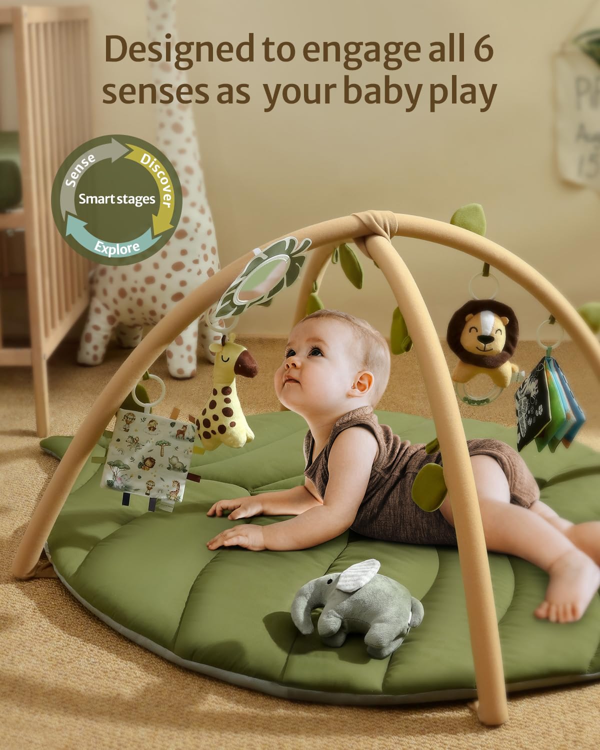 Blissful Diary Baby TLay Gym & Activity Mat, Oversize Leaf Shaped Baby TLay Mat w 6 Detachable Toys, Tummy Time Mat Promote Motor Skills & Sensory Development Mat, Newborn Infant Baby Essentials Gift