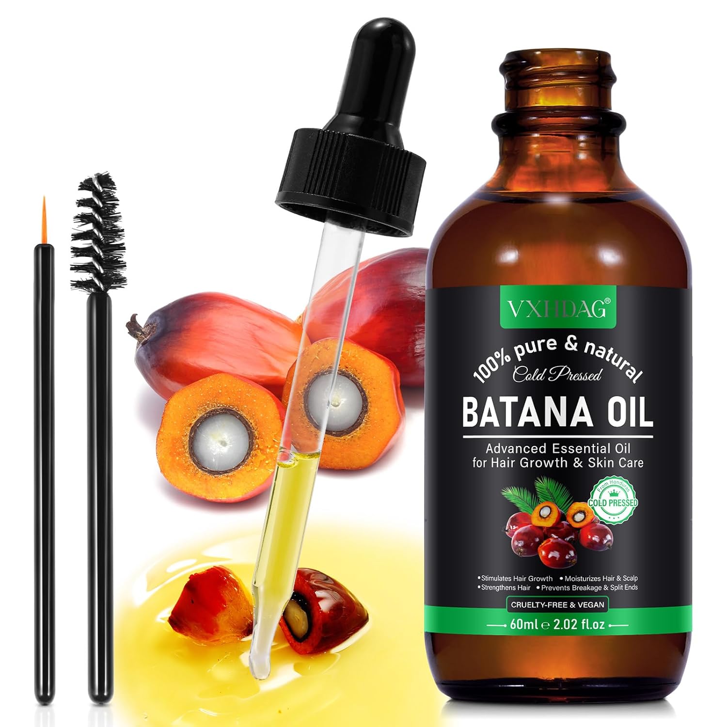 Batana Oil - 100% Pure & Natural from Honduras for Hair Growth, Eliminates STLit Ends, Enhances Radiance & Nourishment for All Hair Types, 2.02 fl oz