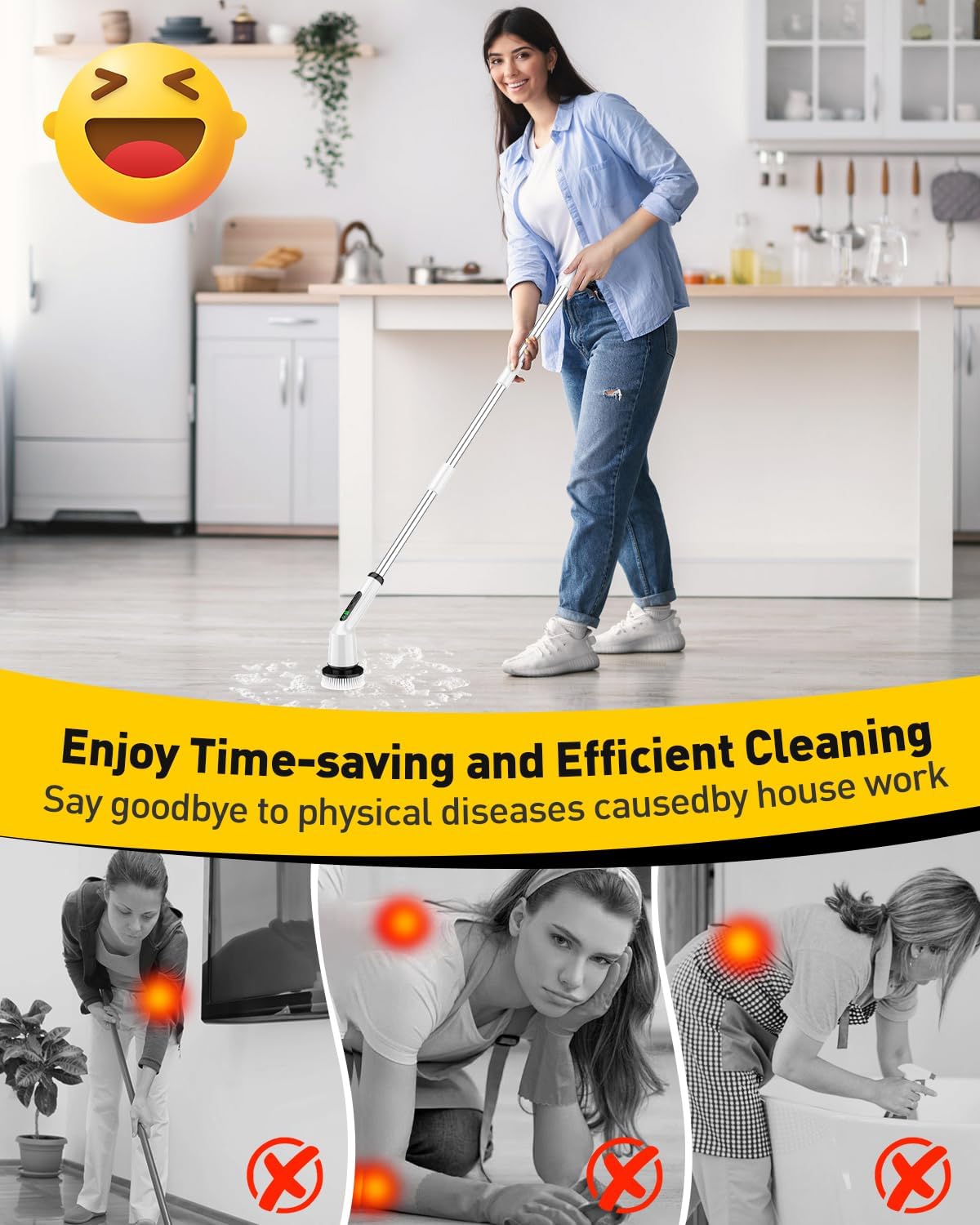 Electric Spin Scrubber for Cleaning Bathroom, Shower Scrubber Cordless Cleaning Brush with IPX7 Waterproof & 2 Speed, 3 Brush Heads, Bathroom Cleaning SupTLies for Shower Tub Kitchen Tile Toilet White