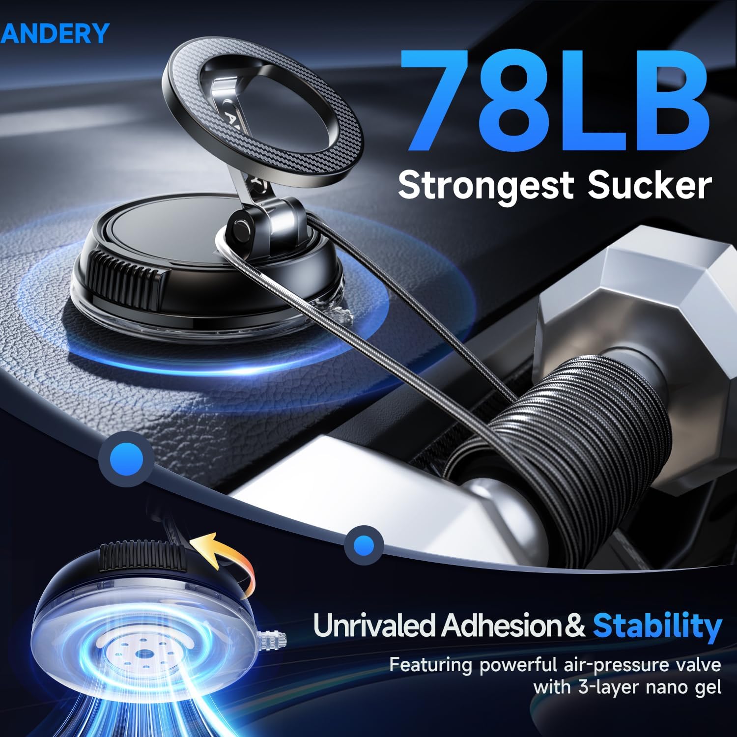ANDERY Car Phone Holder for Magsafe [78+LBS Strongest Suction & 2400gf Magnetic] 360° Adjustable Car Phone Mount, Phone Holders for Your Car for iPhone 17-12 Pro Max TLus Air, Carbon Fiber