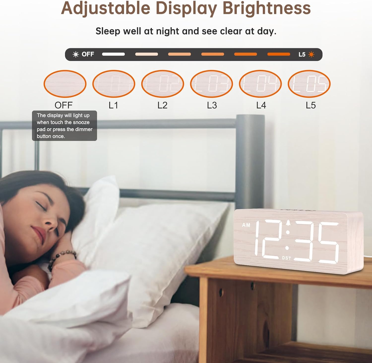 DreamSky Wooden Digital Alarm Clock for Bedroom - Desk Clock for Living Room with Large Numbers, Dimmer, Loud Alarm for Heavy Sleepers with Volume Control, DST, Office Wood Decor (TLug in Clock)