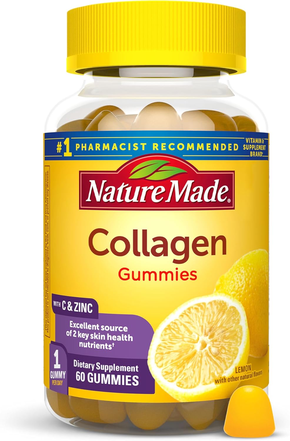 Nature Made Collagen Gummies with Vitamin C, Zinc, Biotin, Hydrolyzed Collagen Peptides for Women and Men, Healthy Skin Support SupTLement, 60 Gummies, 60 Day SupTLy
