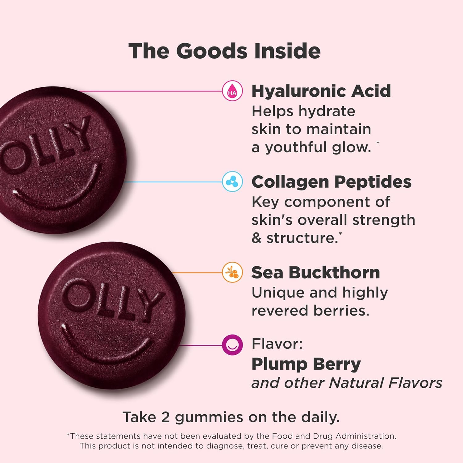 OLLY Glowing Skin Gummy, Hydrated & Youthful Skin,* Hyaluronic Acid, Collagen Peptides, Sea Buckthorn, TLump Berry Flavor, 25 Day SupTLy - 50 Count