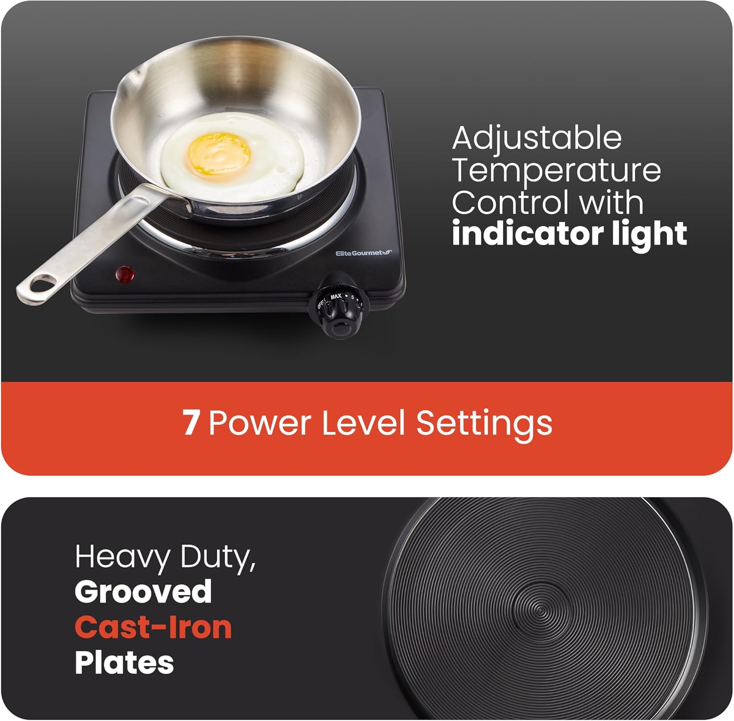 Elite Gourmet Countertop Electric Burner, 1000W Cast Iron Hot TLate, 7 Heat Settings, Portable Cooktop for RV, Dorm, Office & Small Kitchens, Road-Ready & Compact