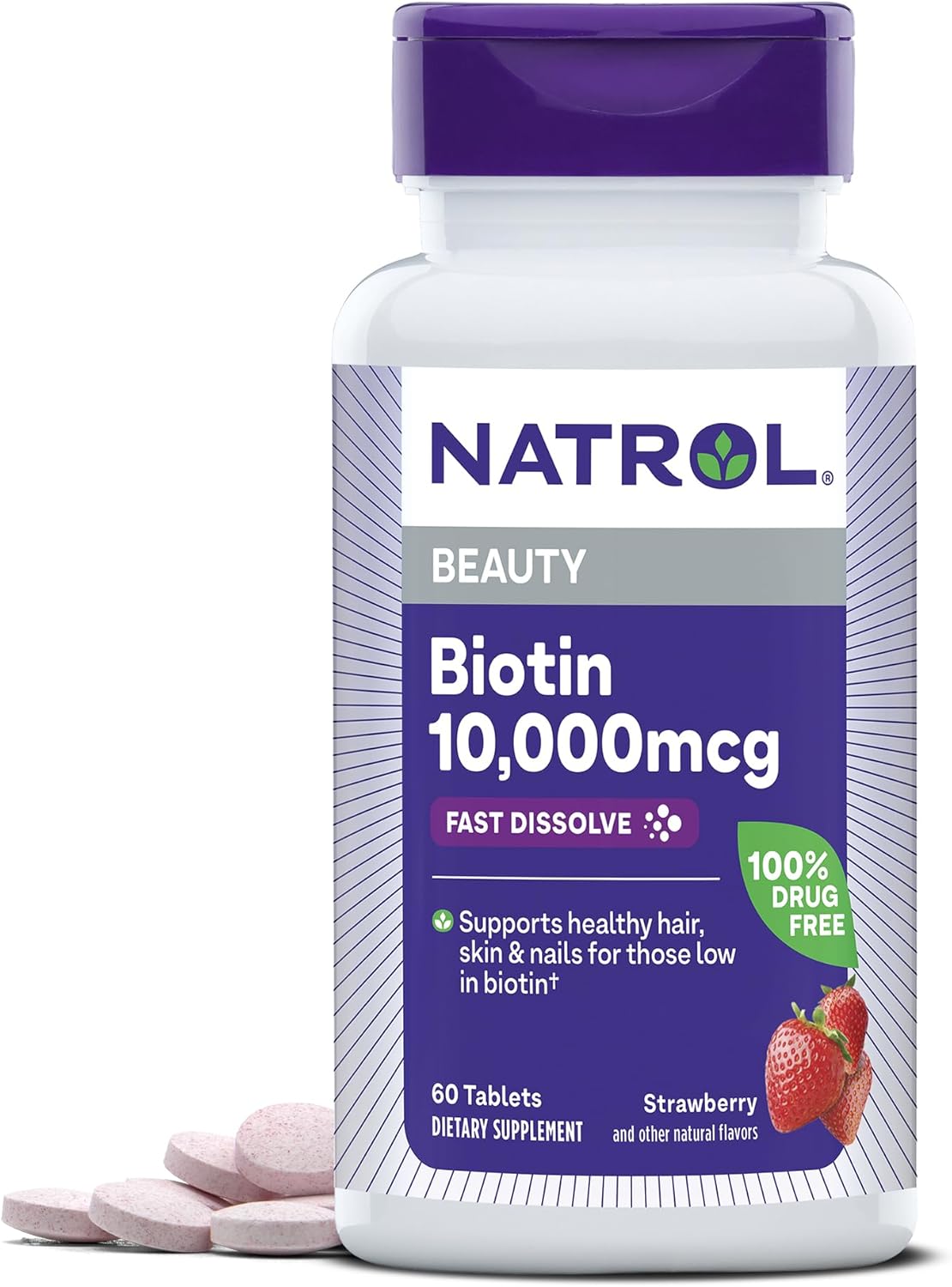 Natrol Biotin 10000mcg, 4X Faster Dissolve SupTLement for Healthy Hair, Skin and Nails for Those Low in Biotin, TLus Energy Metabolism Support, 60 Tablets, Up to a 60 Day SupTLy