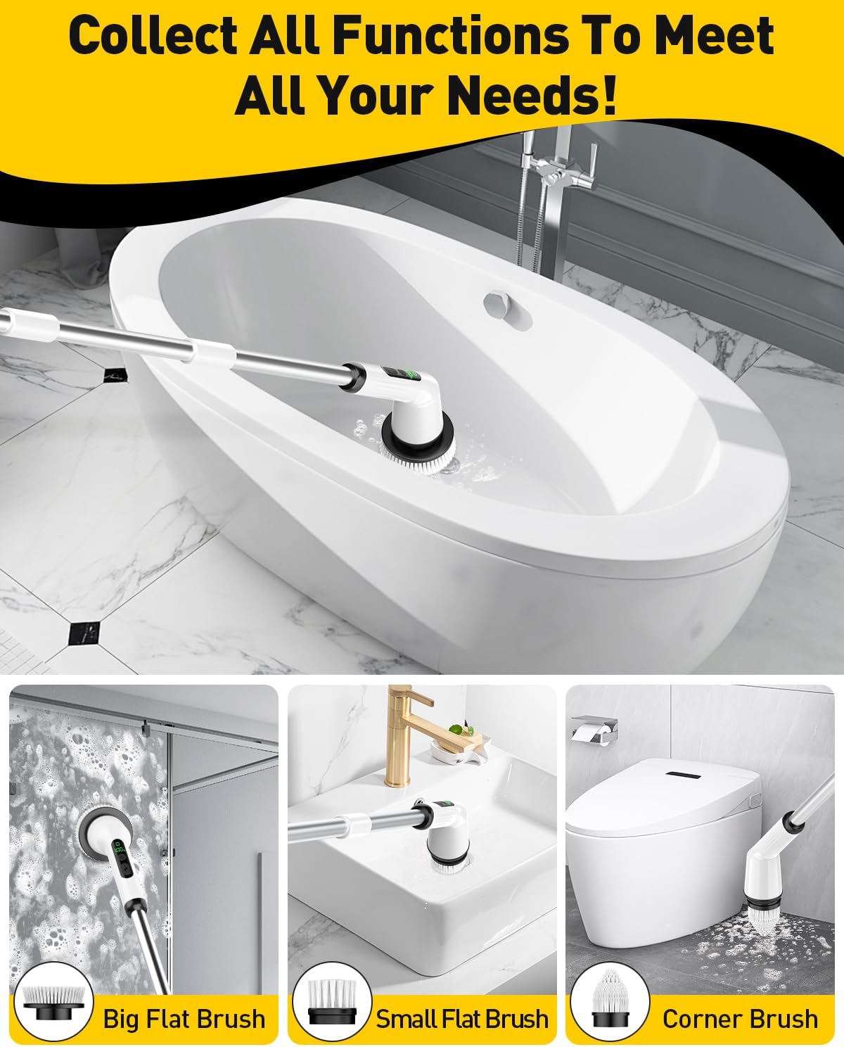 Electric Spin Scrubber for Cleaning Bathroom, Shower Scrubber Cordless Cleaning Brush with IPX7 Waterproof & 2 Speed, 3 Brush Heads, Bathroom Cleaning SupTLies for Shower Tub Kitchen Tile Toilet White