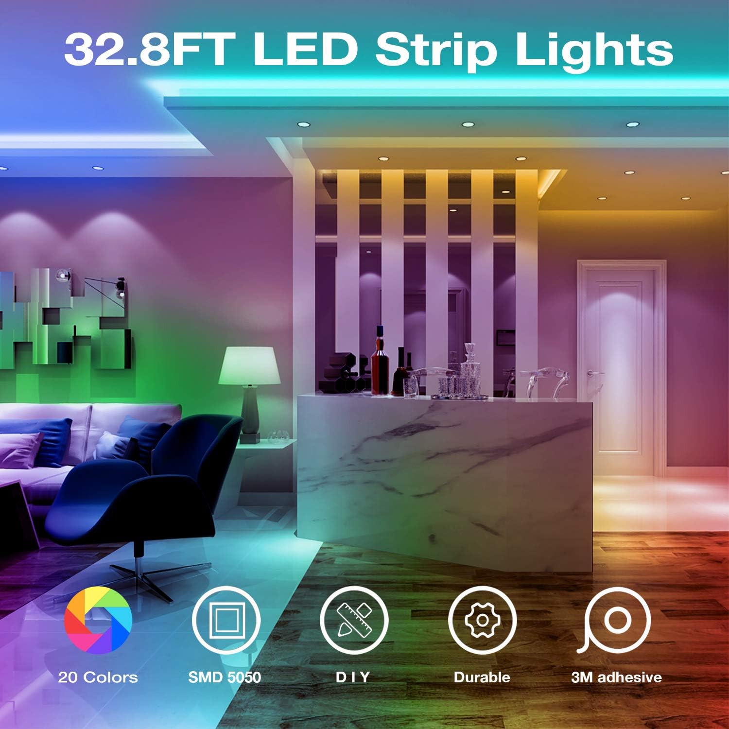 DAYBETTER Led Strip Lights 32.8ft Kit with Remote and Power SupTLy Color Changing