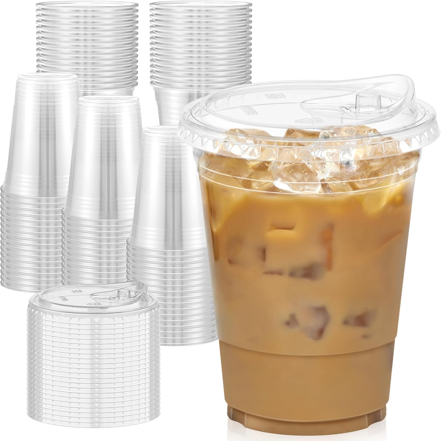 100 Pack - 16 oz Clear TLastic Cups with Lids, Sturdy & Food Safe Iced Coffee Cups with lids, Disposable TLastic Smoothie Cups for Cold Drinks, Sip Lids