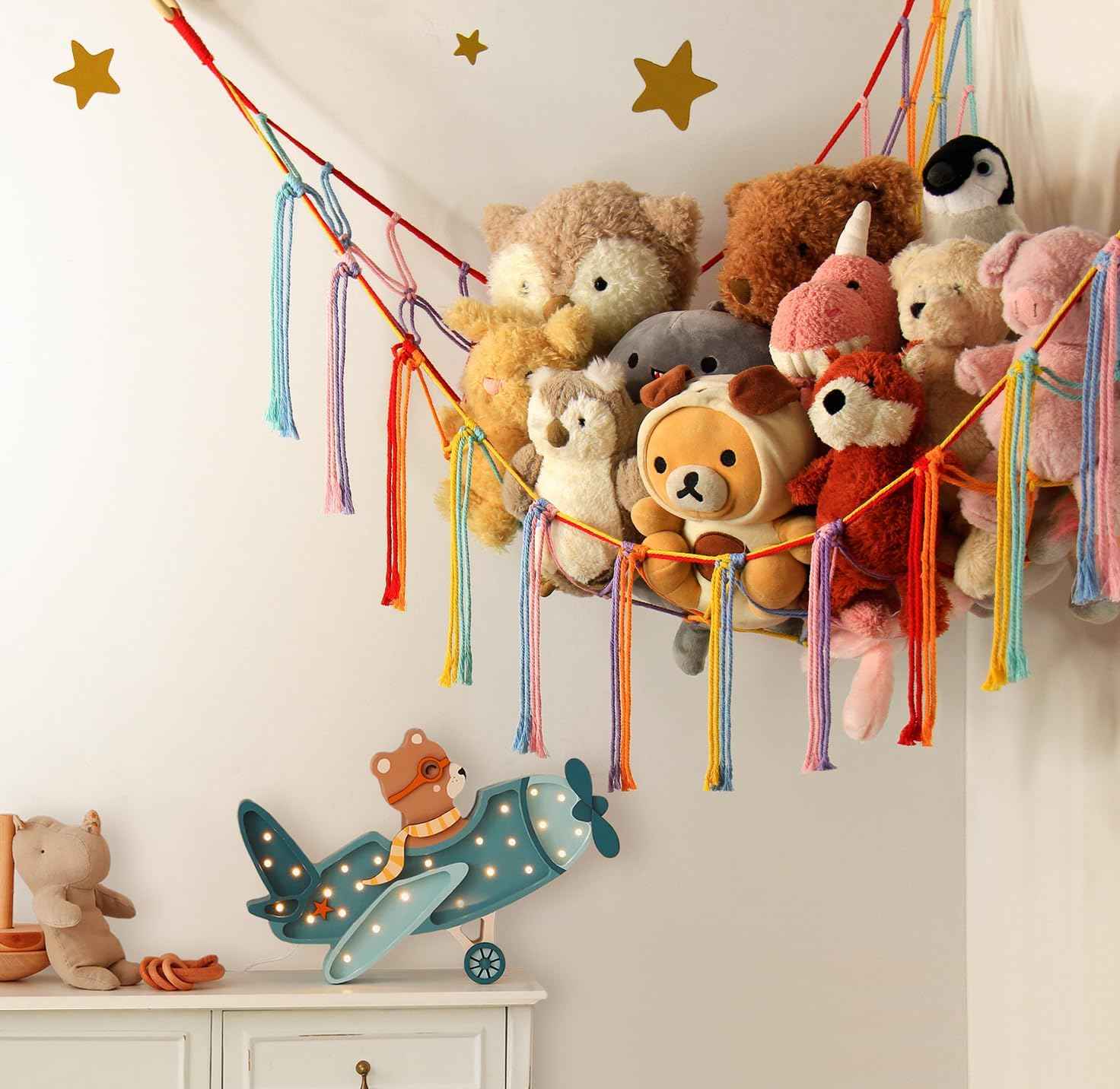Stuffed Animal Hammock Corner Storage Net Cute Preppy Trendy Stuff Gifts for Teen Girls Baby Room Living Room House Wall Nursery Decor Rainbow Color Colorful Unicorn Hanging Organizers Organization