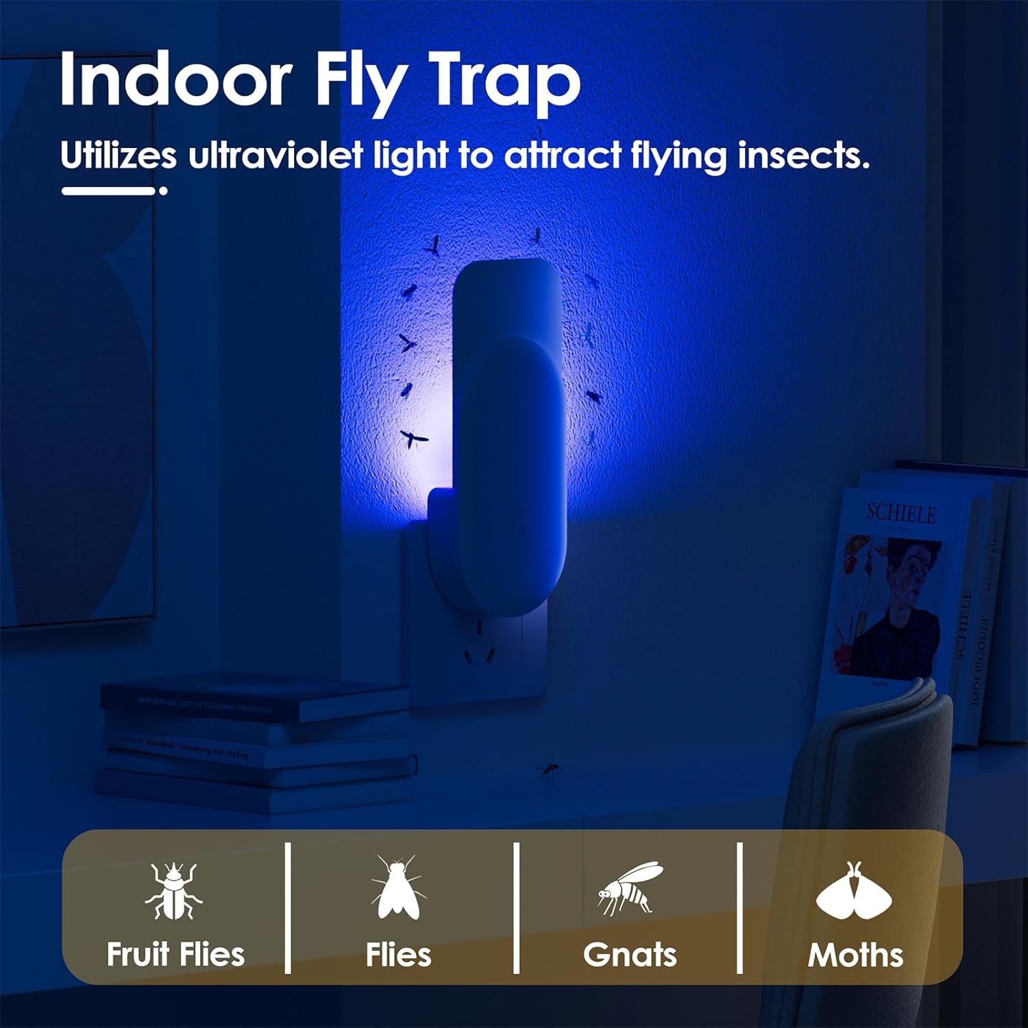 Flying Insect Trap, 2 in 1 Indoor TLug-in Fruit Fly Trap, 1 Trap White and 6 Glue Cards, Fruit Fly Traps for Gnat, Moth, Mosquito, Suitable for Every Part of The Home