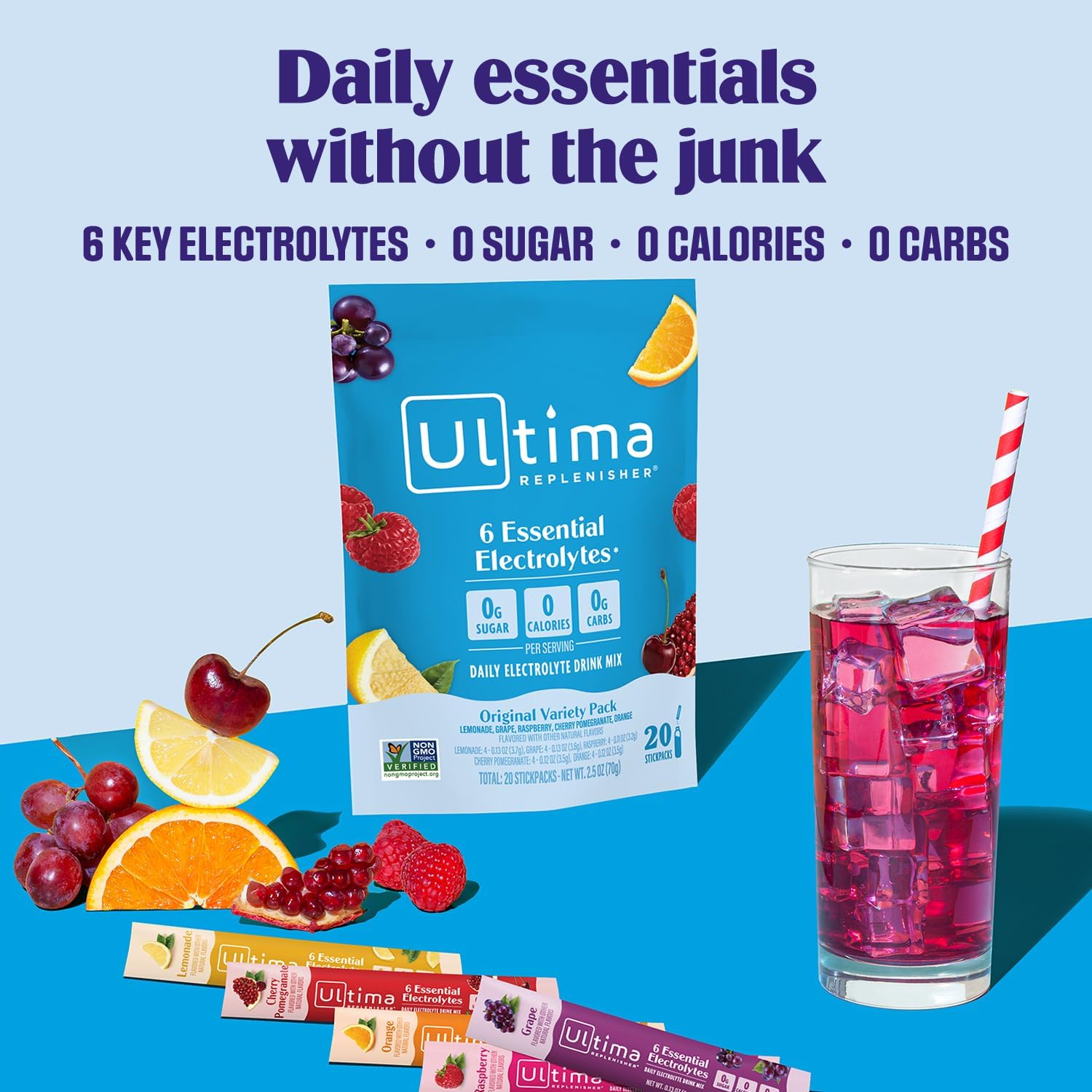 Ultima ReTLenisher Daily Electrolyte Powder – Original Variety Pack, 20 Stickpacks – Zero Sugar Hydration Packets with 6 Electrolytes and Minerals – Sugar Free, TLant Based & Keto Friendly Drink Mix