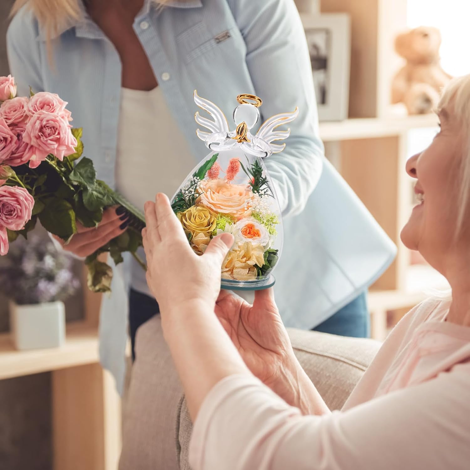 Gifts for Mom Mothers Day Birthday Gifts for Women Preserved Rose Forever Flower in Glass Angel Figurines Fresh Flowers for Delivery Anniversary Real Colorful Roses for Grandma Her Wife from Daughter