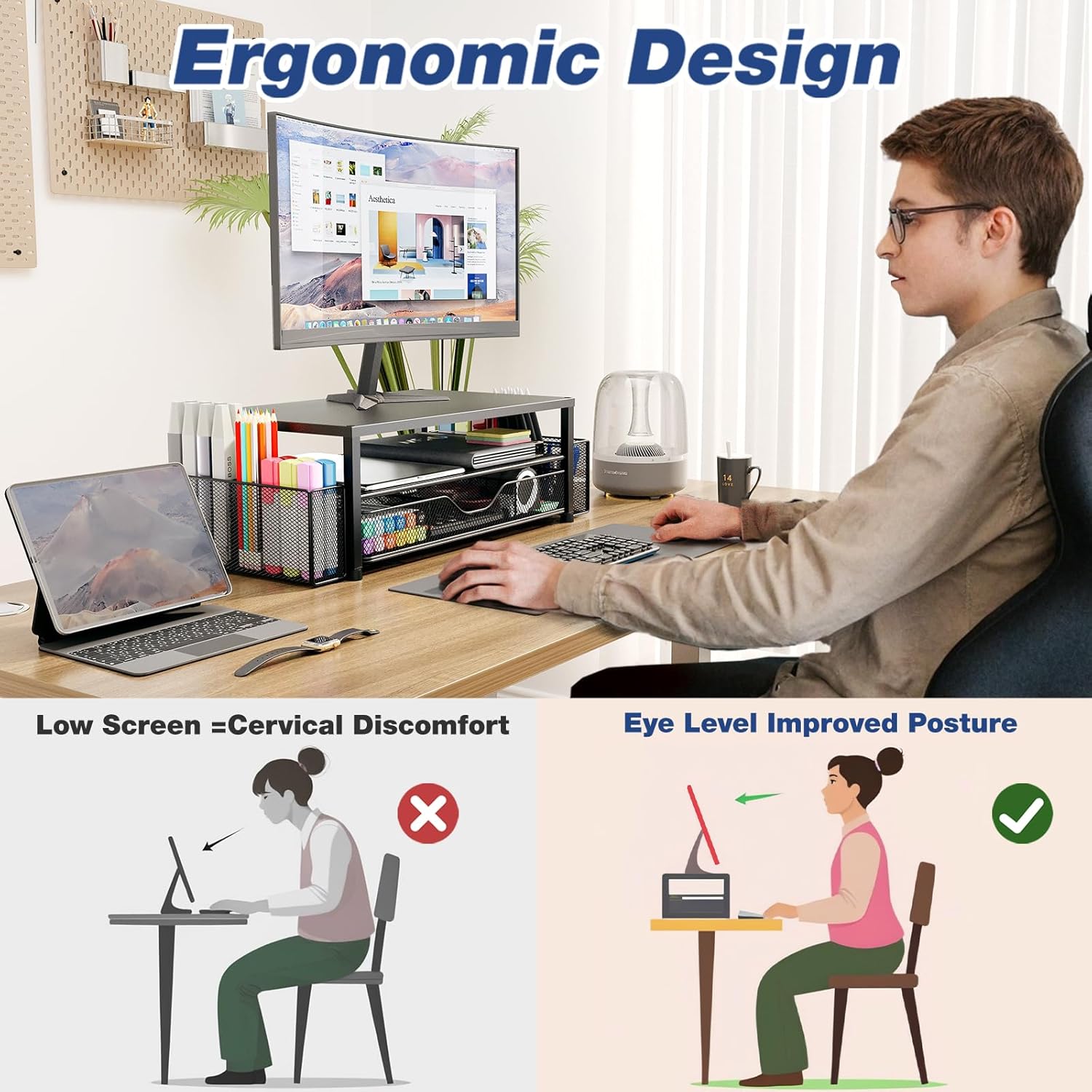 OPNICE Desk Organizer and Accessories, 2-Tier Computer Monitor Stand Riser with Drawer and 2 Pen Holders, Laptop Stand, Office Desk Accessories for Office SupTLies, Black
