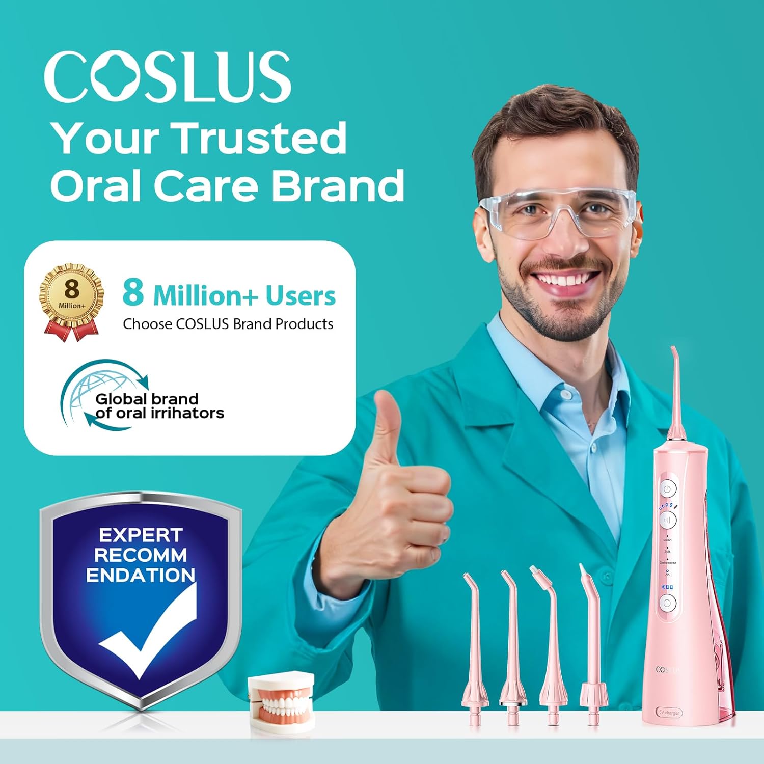 COSLUS C50 Portable Water Flosser for Teeth: 4 Modes & 5 Intensity Levels Professional Electric Dental Pick for Sensitive Gums, Braces & Orthodontic - Cordless for Travel Use, for Adults, BPA-Free