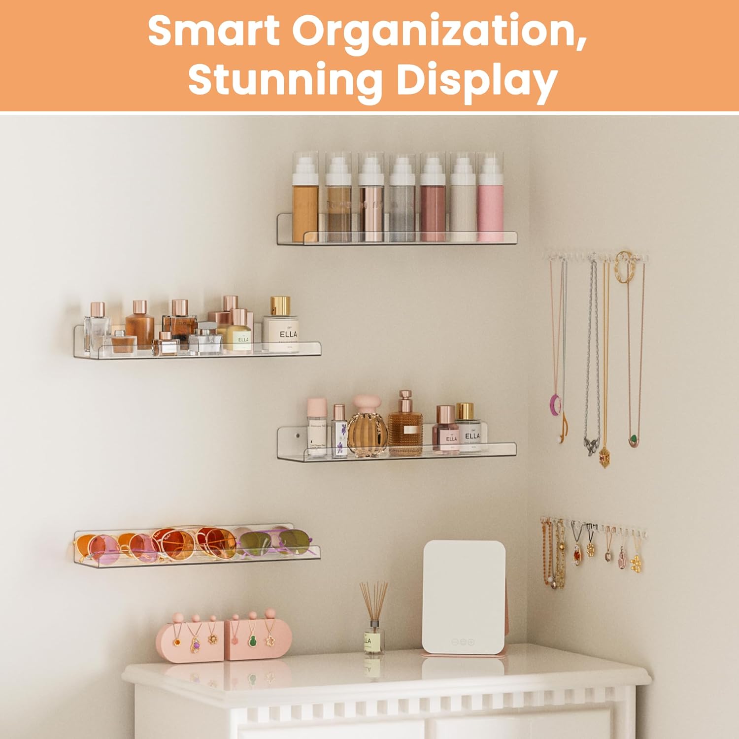 upsimTLes Acrylic Shelves for Bathroom Storage, 15" Floating Shelves Wall Organizer for Perfume, Make up, Skincare, Kids Bookshelf for Bedroom, Nursery, Living Room Decor, Clear, 4 Pack