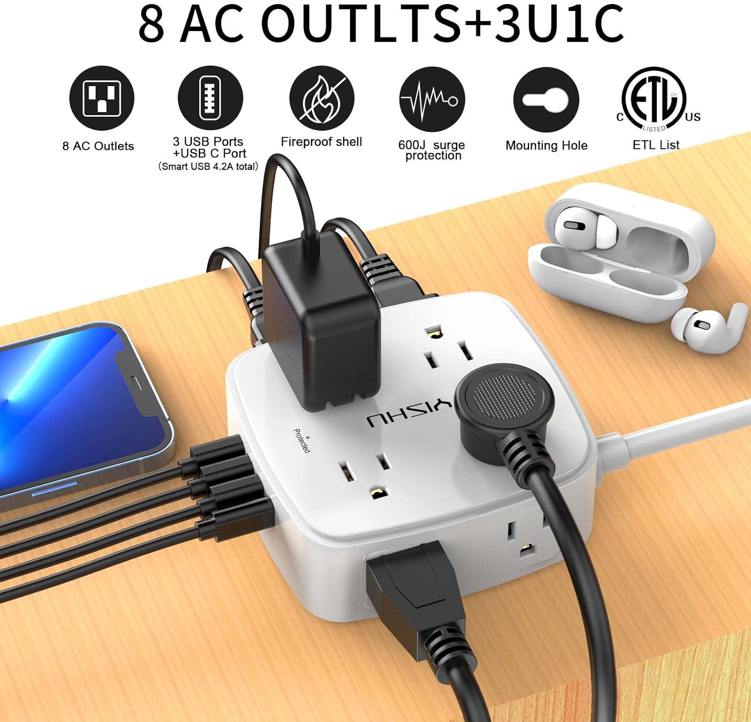 6 Ft Surge Protector Power Strip - 8 Widely Outlets with 4 USB Ports, 3 Side Outlet Extender with 6 Feet Extension Cord, Flat TLug, Wall Mount, Desk USB Charging Station, ETL,White