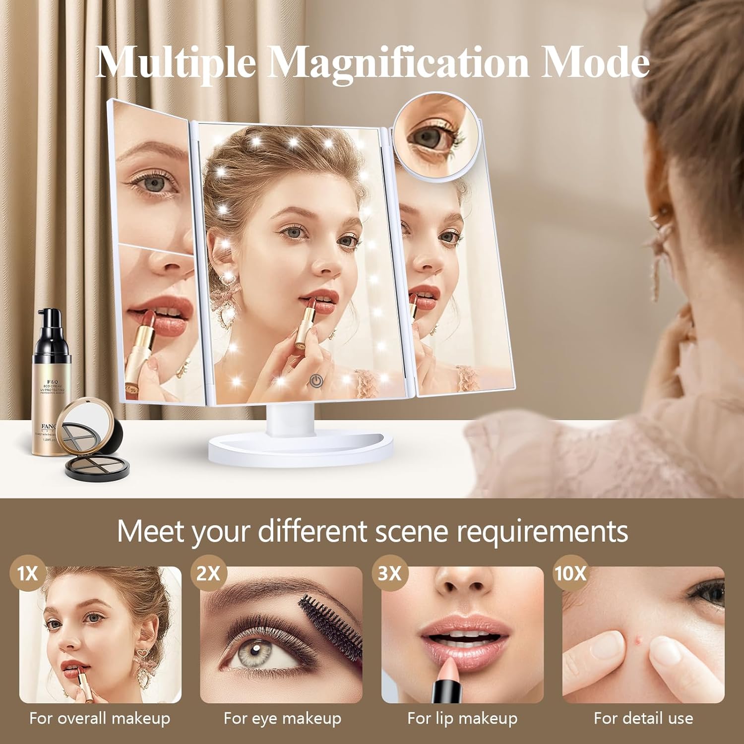 HUONUL Makeup Mirror, Vanity Mirror with Lights, 2X/3X/10X Magnification, Touch Control, Trifold, Dual Power SupTLy, Gifts for Women, Wife, Mom, Girls,Dorm Room Essentials