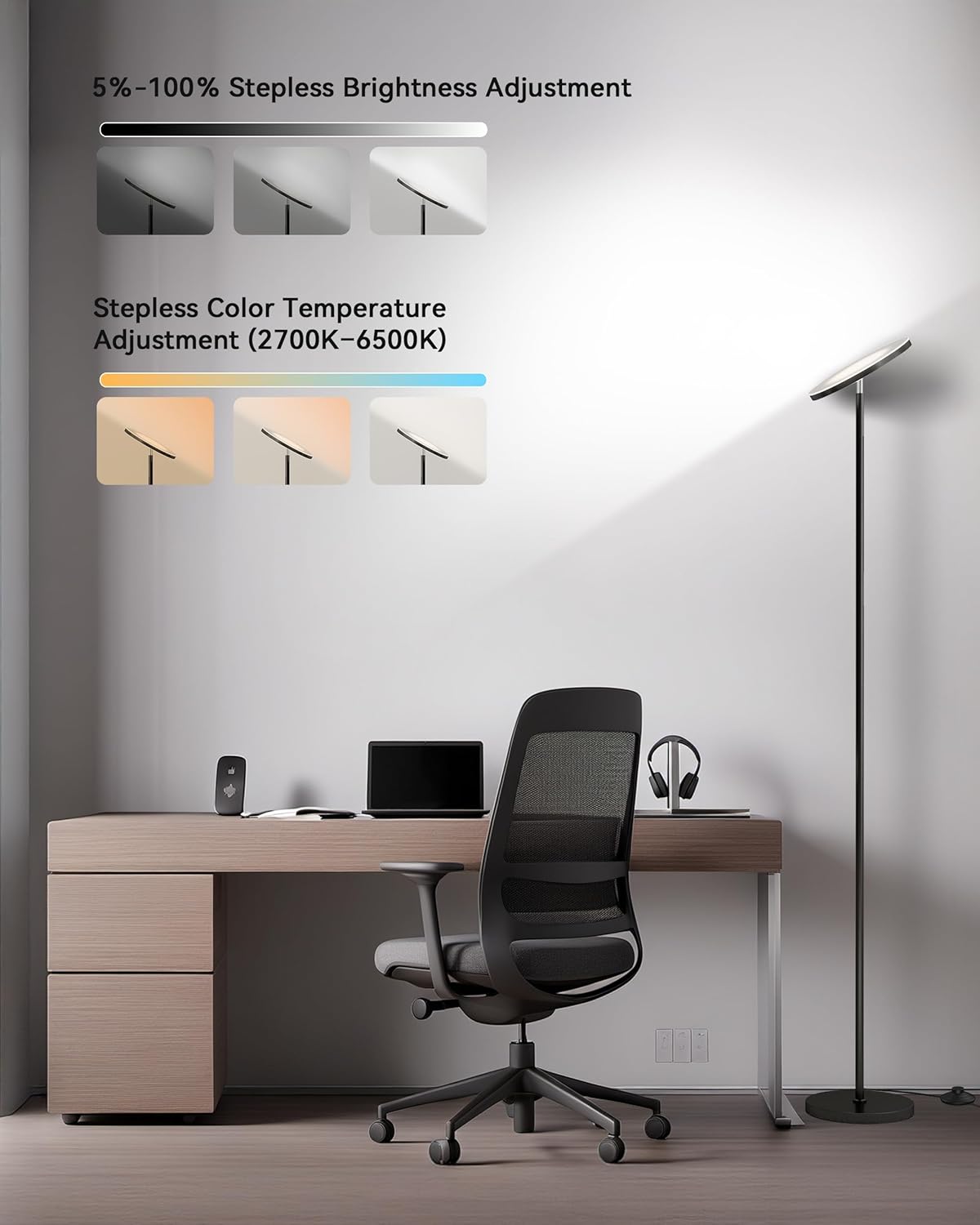 JOOFO LED Floor Lamp – Super Bright Torchiere with Remote & Foot Switch, SteTLess Dimmable Tall Standing Lamp, 69" Modern Pole Light for Corner, Living Room, Bedroom, Reading, Office
