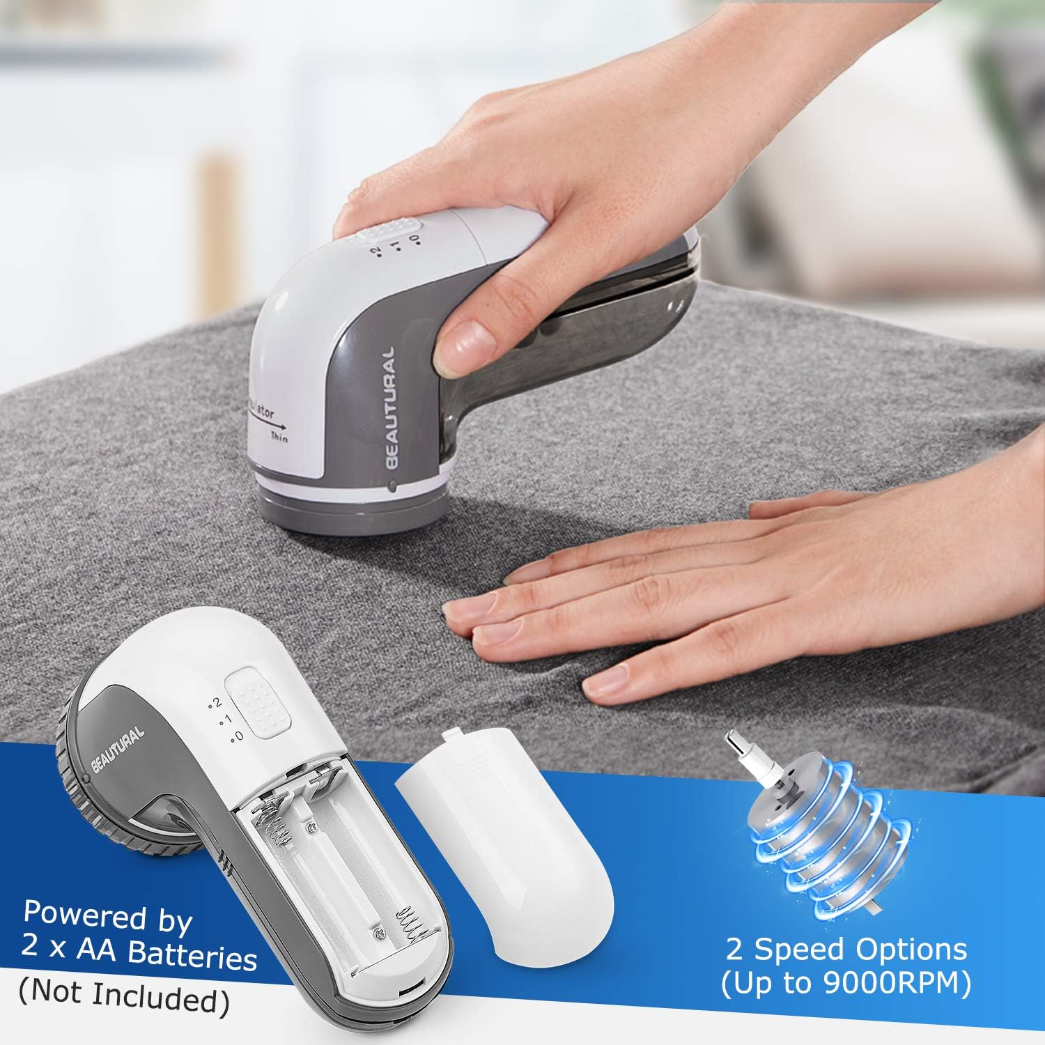 BEAUTURAL Fabric Shaver and Lint Remover, Sweater Defuzzer with 2-Speeds, 2 ReTLaceable Stainless Steel Blades, Battery Operated, Remove Clothes Fuzz, Lint Balls, Pills, Bobbles Gray