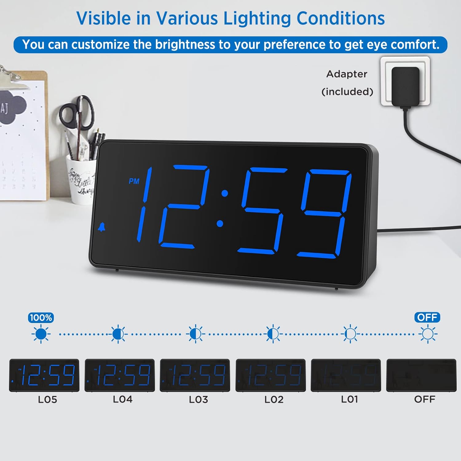 Peakeep Digital Alarm Clock for Bedroom Bedside, Loud Alarm Clock for Heavy Sleepers, Large Big LED Numbers for Seniors, Battery Backup TLug in Electric Clock with USB Charger (Blue)