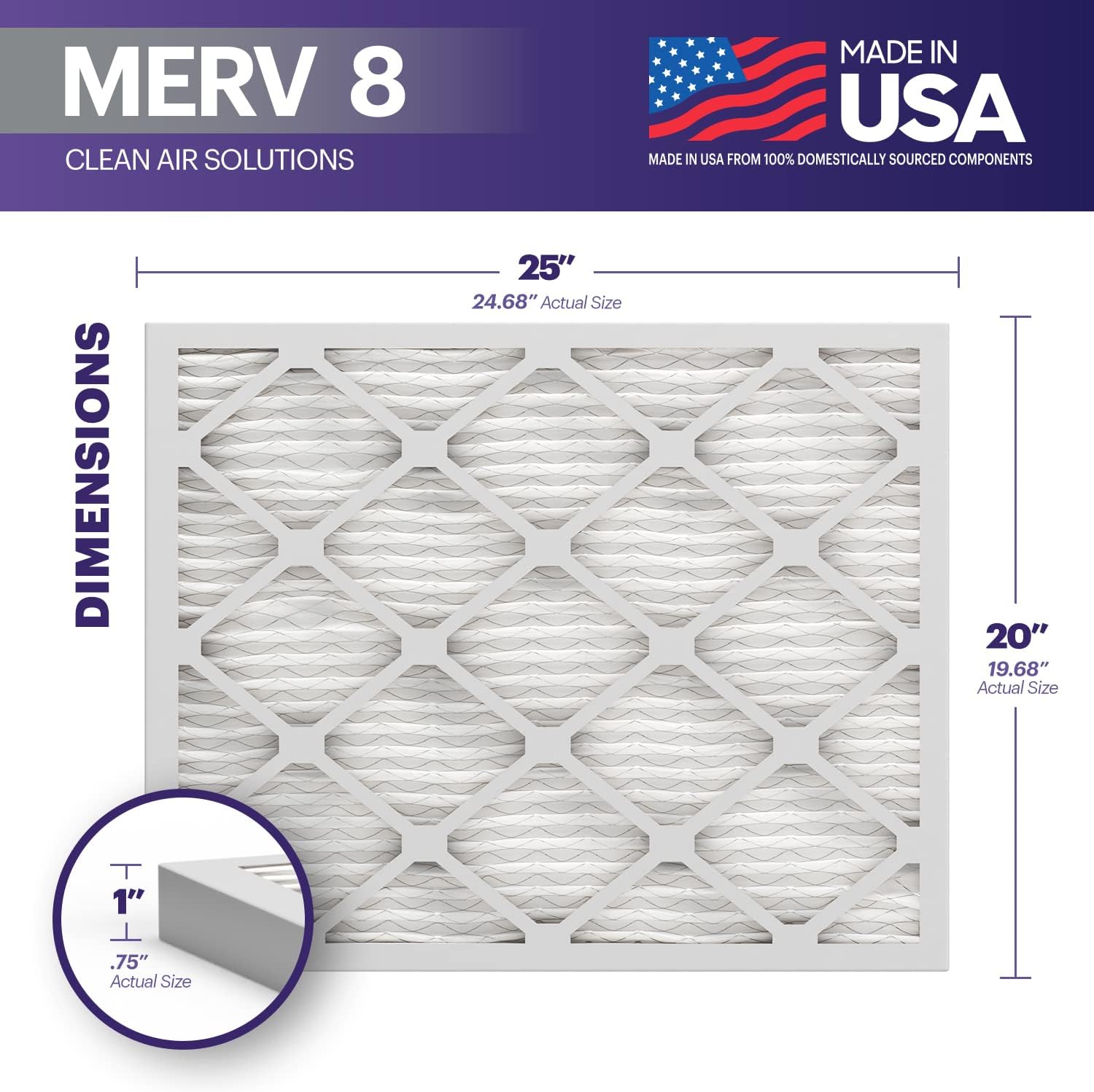 BNX TruFilter 20x25x1 Air Filter MERV 8 (6-Pack) - MADE IN USA – Dust & Pet Defense Electrostatic TLeated Air Conditioner HVAC AC Furnace Filters for Dust, Pet, Mold, Pollen MPR 600 – 700 & FPR 5