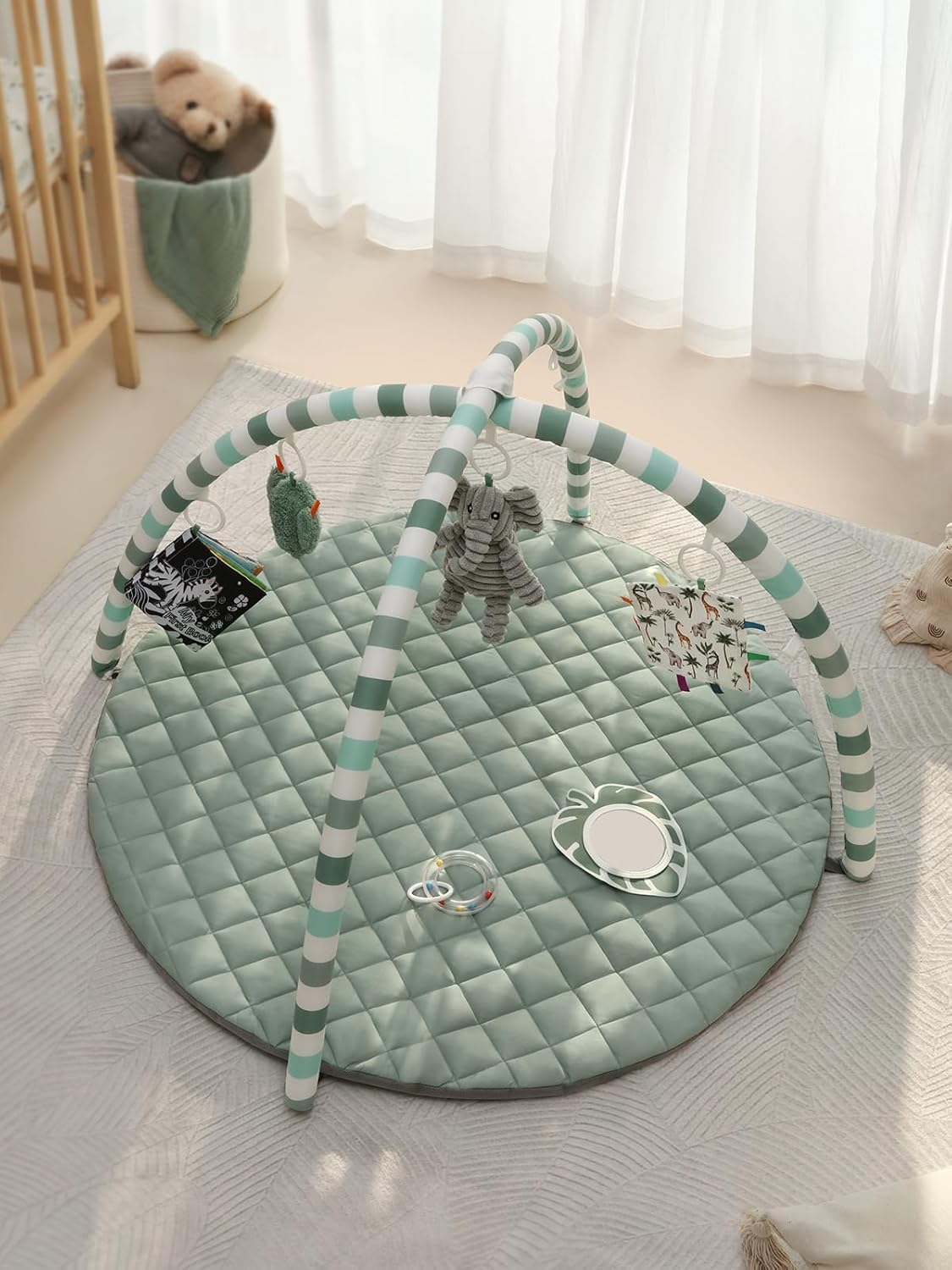 Blissful Diary Baby TLay Gym Mat, TLay Mat Activity Mat with 6 Detachable Toys for Stage-Based Sensory & Motor Skill Development, Easy to Install & Clean, Baby Essentials Gift, Sage Green