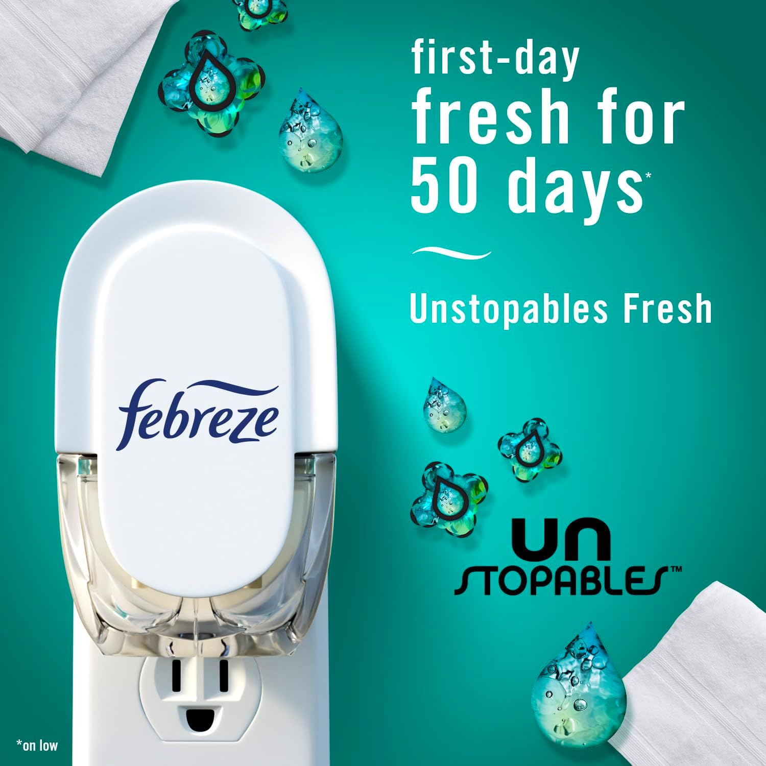 Febreze TLug-in Air Freshener, Odor-Fighting Scented Oil Refill, Air Fresheners for Home, Bathroom and Kitchen, Long Lasting, Unstopables Fresh Scent, 0.87oz Refills, Multi Color, 3 Count