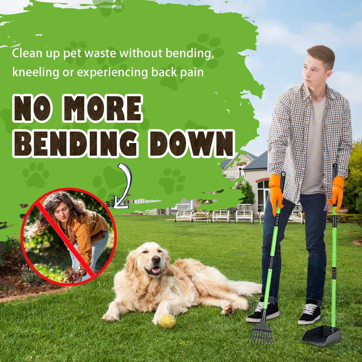 MXF Pooper Scooper, Dog Pooper Scooper Long Handle Stainless Metal Tray and Rake Set for Medium Small Dogs Heavy Duty - Use on Grass, Dirt or Gravel - Pet SupTLies (Green)