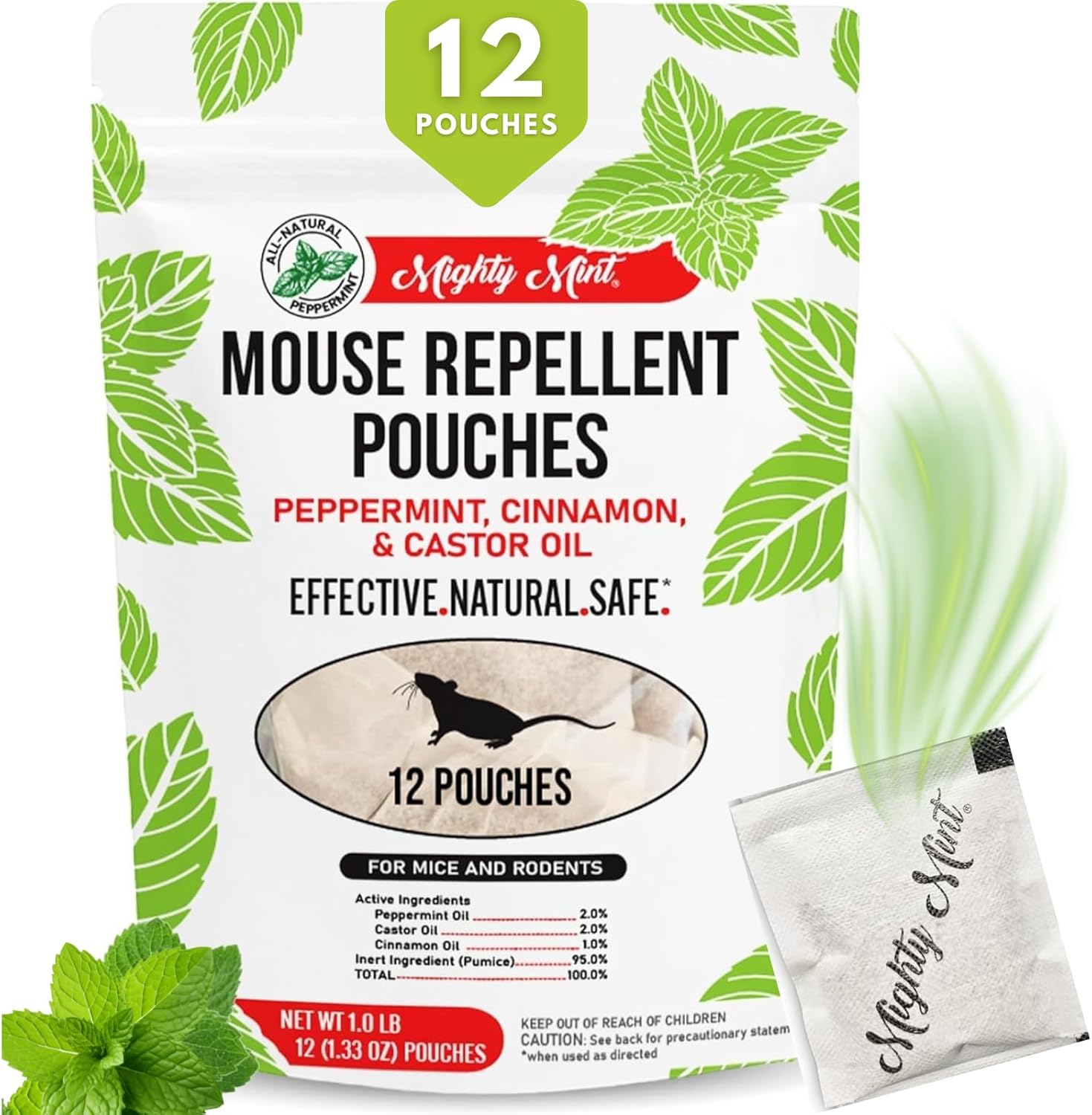 Mighty Mint Mouse Repellent Pouches – Peppermint, Castor Oil & Cinnamon Formula – Natural Indoor Deterrent for Mice and Rodents – TLant-Based, Long-Lasting Protection – 12 Count