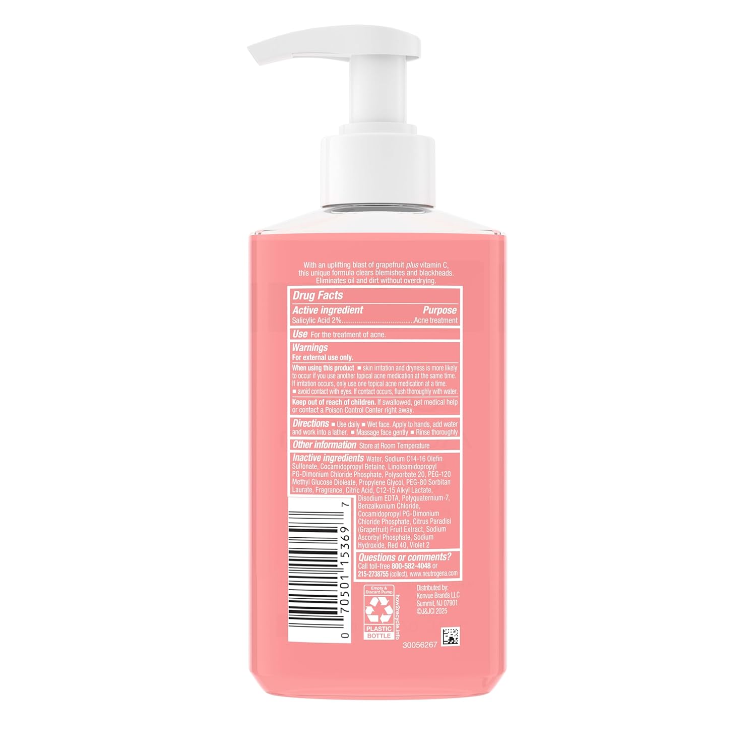 Neutrogena Oil-Free Acne Wash Pink Grapefruit Facial Cleanser - with Salicylic Acid for Clear Skin, Daily Face Wash for Oily & Acne-Prone Skin, Deep Cleansing Treatment, 9.1 fl. oz. Bottle