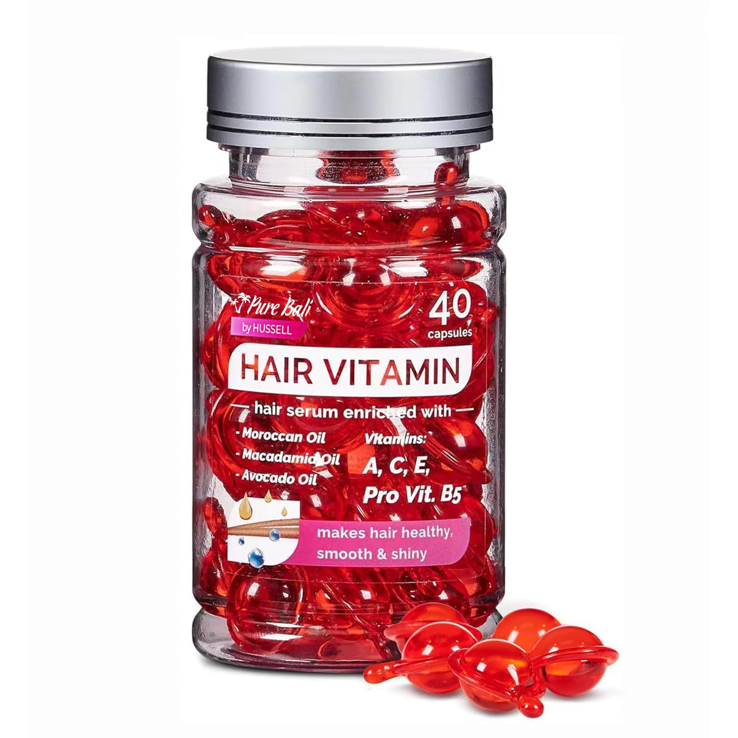 Pure Bali Hair Vitamins Moroccan Oil Capsules for Women & Men - Serum Enriched with Argan Oil & Avocado Oil for All Hair Type Frizzy Dry Curly - Vitamin A, E, Pro B5 (40 Capsules)