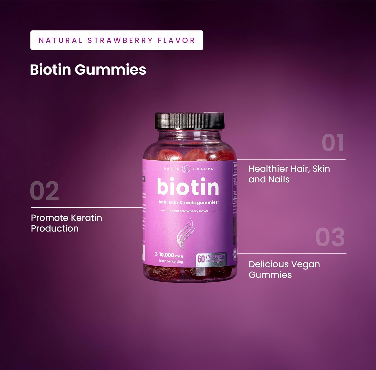 NutraChamps Biotin Gummies 10000mcg [High Potency] for Healthy Hair, Skin & Nails Vitamins for Women, Men & Kids - 5000mcg in Each Hair Vitamins Gummy - Vegan, Non-GMO, Hair Health Supplement