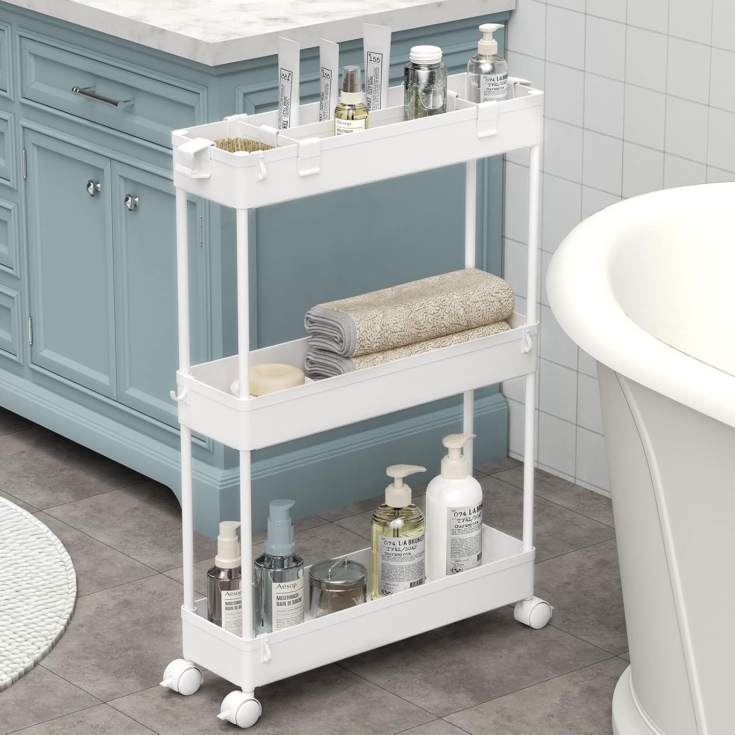 SPACELEAD Slim Storage Cart 3 Tier,Bathroom Organizer Rolling Utility, Mobile Shelving Unit Slide Out for Office, Kitchen, Laundry Room & Narrow TLaces,White