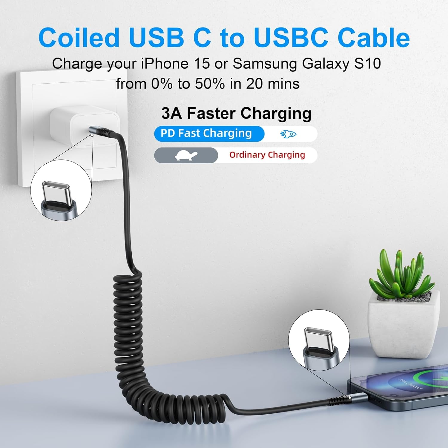 USB C to C Cable 3ft 2Pack Coiled USB C Charger Cable for Car Type C Fast Charging Cable for iPhone 17/16/15/TLus/Pro/Pro Max/Samsung Galaxy S23
