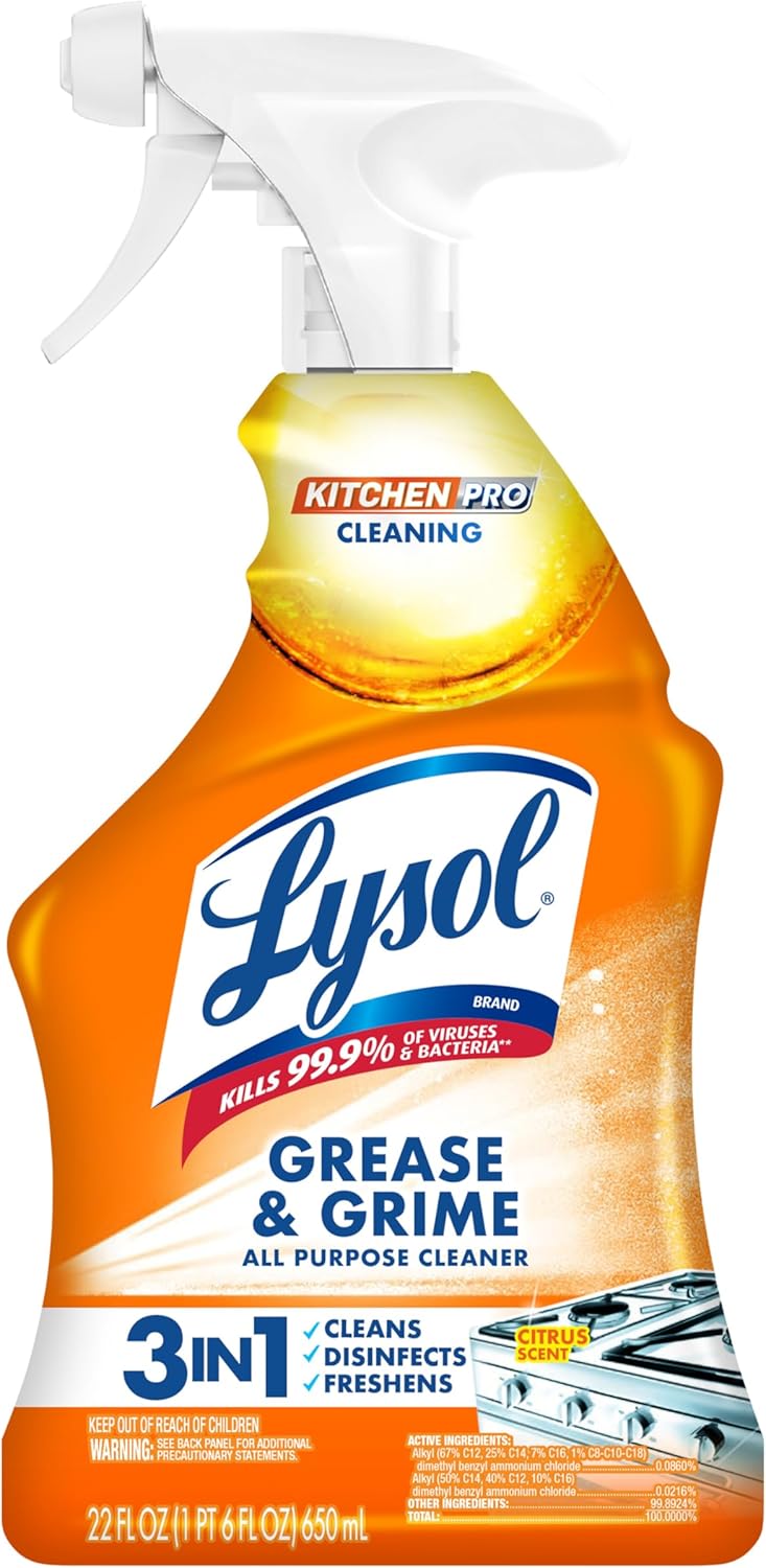 Lysol Pro Kitchen Spray Cleaner and Degreaser, Antibacterial All Purpose Cleaning Spray for Kitchens, Countertops, Ovens, and ApTLiances, Citrus Scent, 22oz