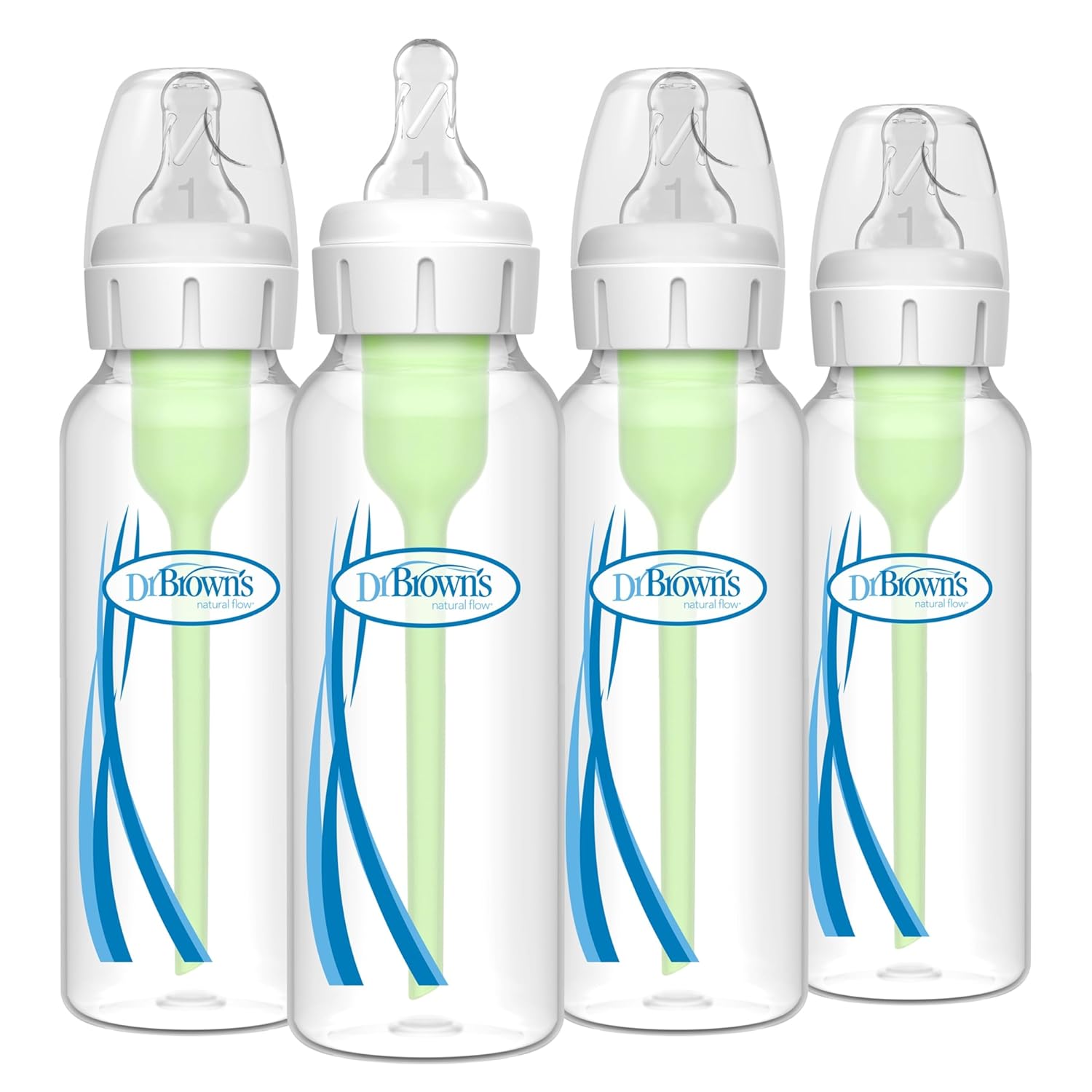 Dr. Brown's Natural Flow Anti-Colic Options+ Narrow Baby Bottle, 8 oz/250 mL, with Level 1 Slow Flow NipTLes, 0m+, 4 Pack