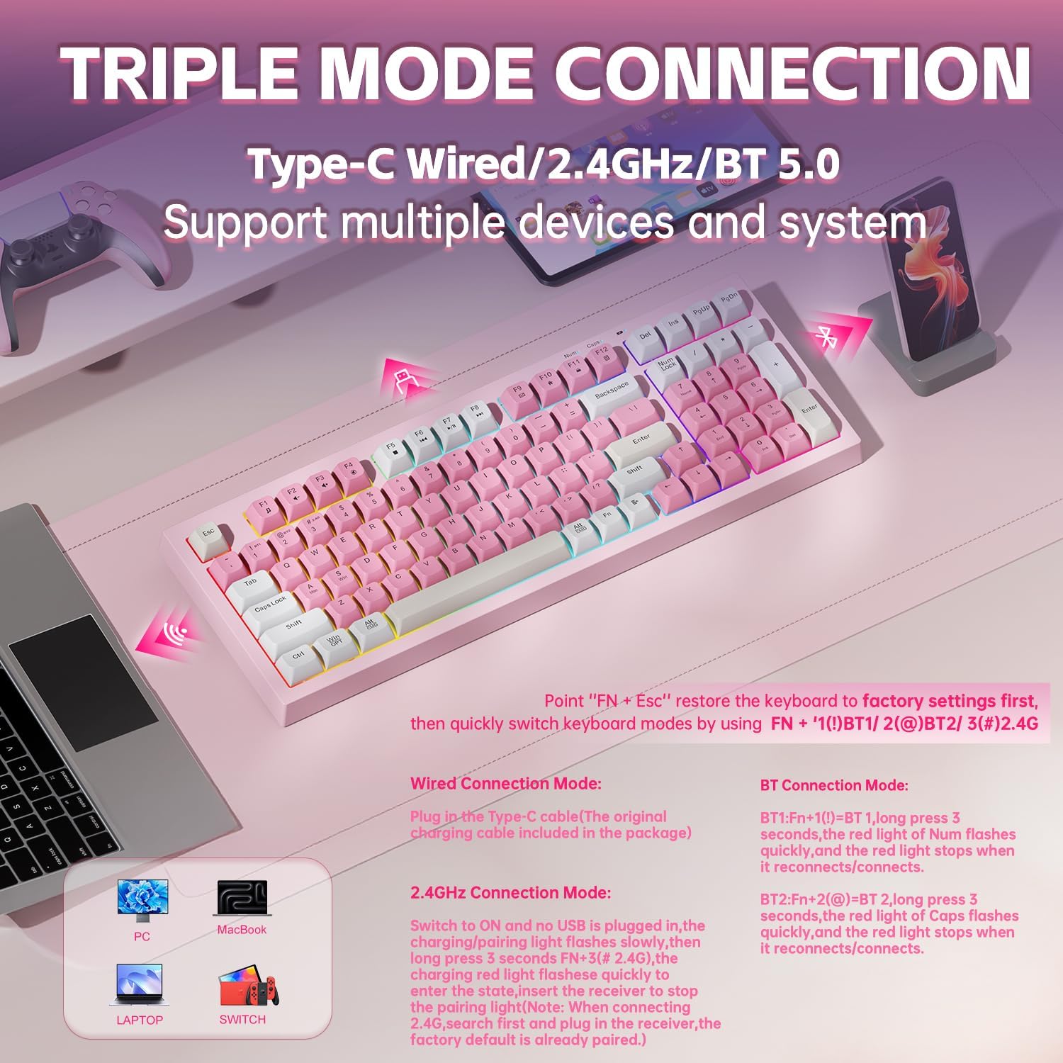 LEOBOG x Aula Gaming Keyboard, Wireless Creamy Keyboard, Bluetooth Computer Keyboards Ergonomic Pink Keyboard Full Size with Number Pad Light Up RGB Backlit Tri-Mode BT/2.4GHz/USB-C - K99