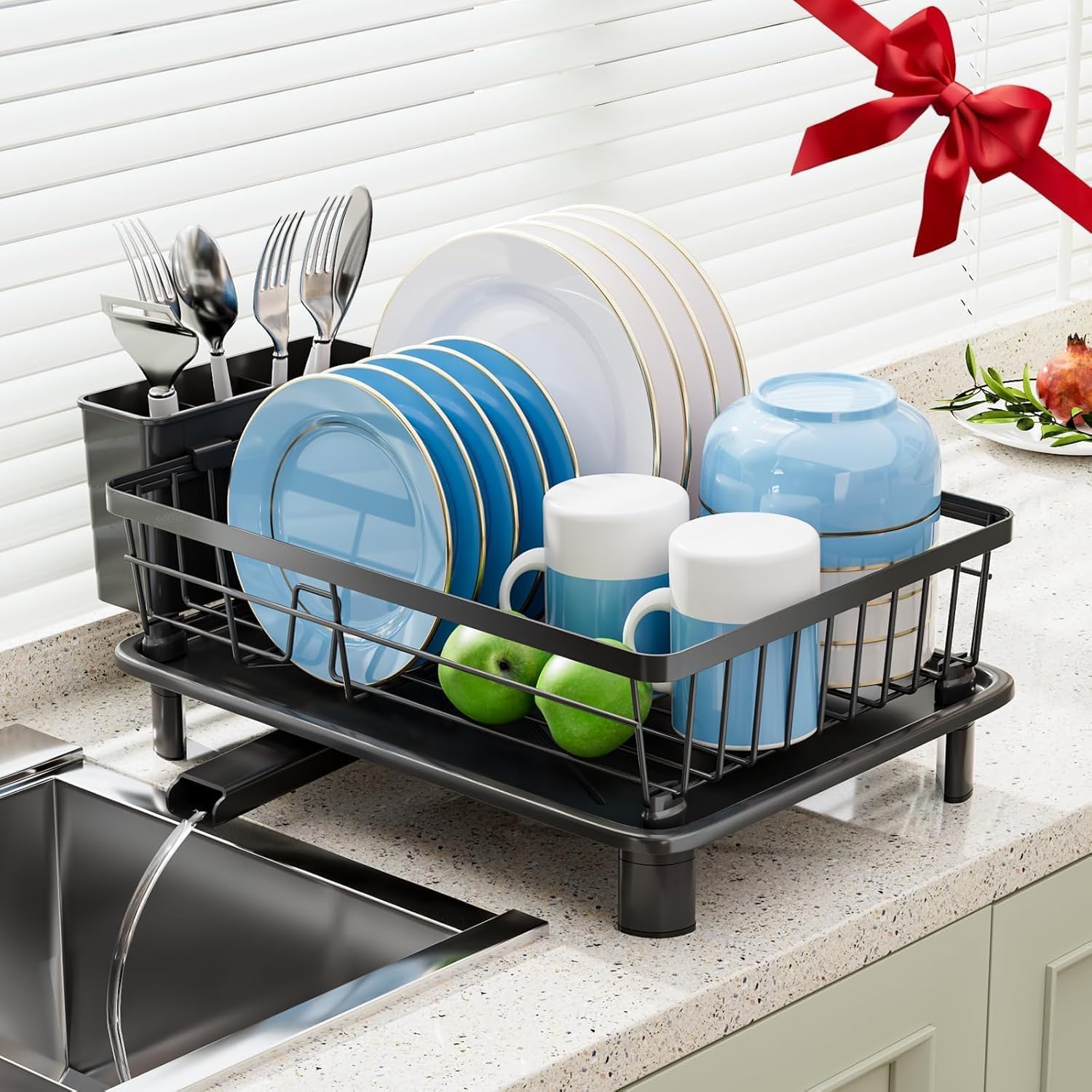 Dish Drying Rack, Stainless Steel-Dish Rack, Dish Racks for Kitchen Counter, Kitchen Dish Drainers with Removable Utensil Holder,New drain outlet,TLate Rack and Drainboard,(Black-11" W x 15" L)