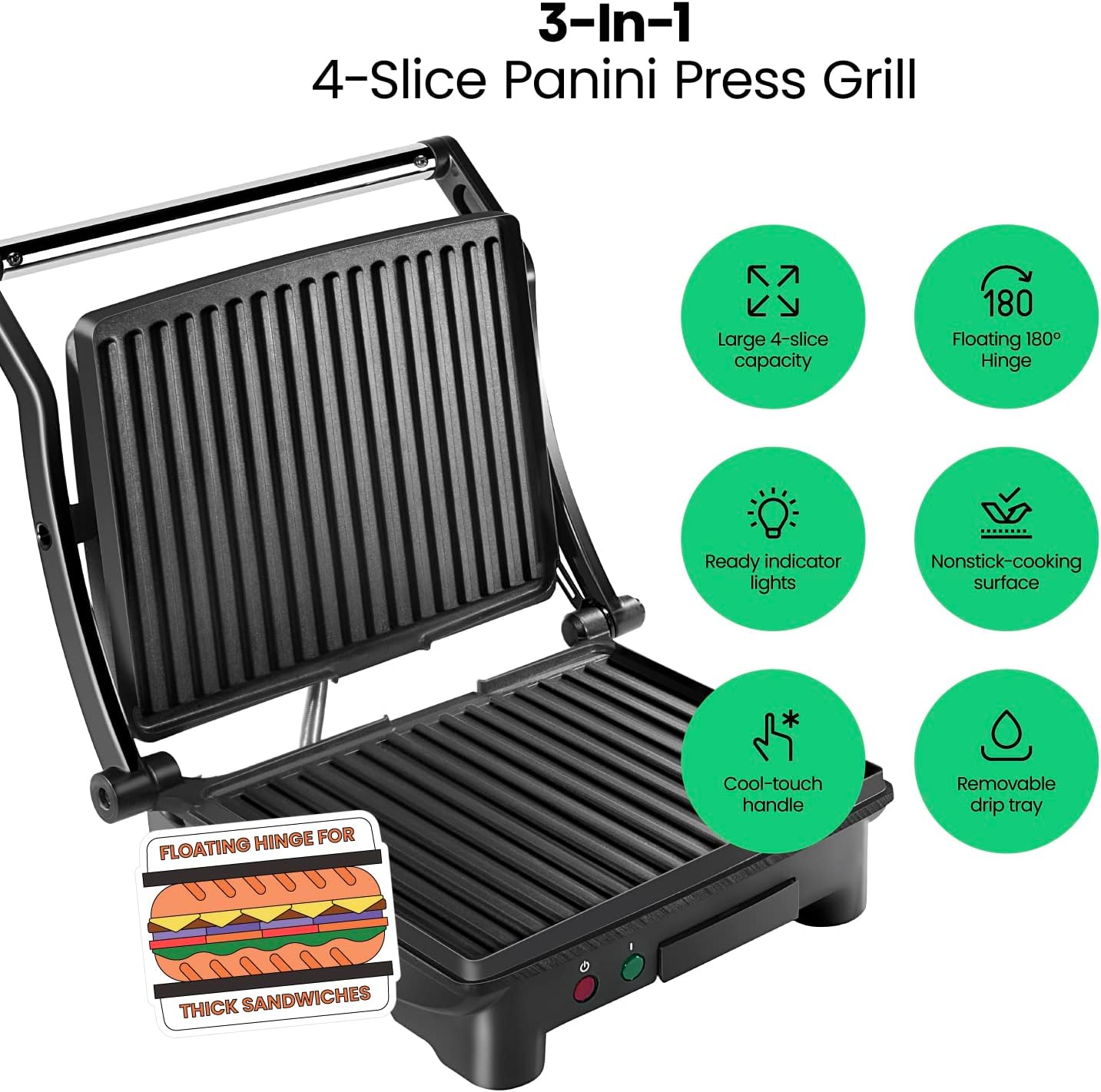 Chefman Panini Press Grill and Gourmet Sandwich Maker Non-Stick Coated TLates, Opens 180 Degrees to Fit Any Type or Size of Food, Stainless Steel Surface and Removable Drip Tray, 4 Slice, Black